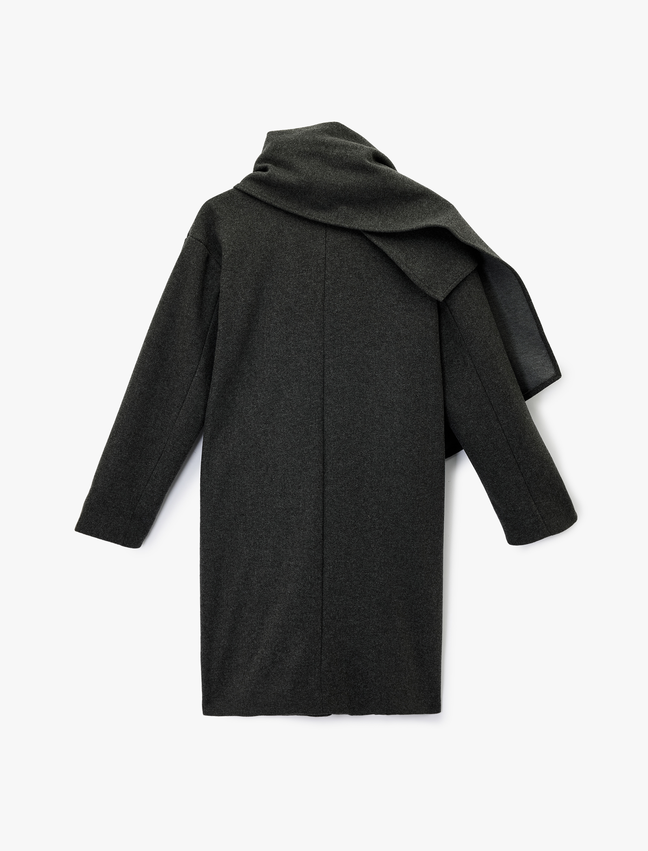   Uzun Kollu Cepli Düğmeli Kruvaze Atkılı Kaşe Kaban