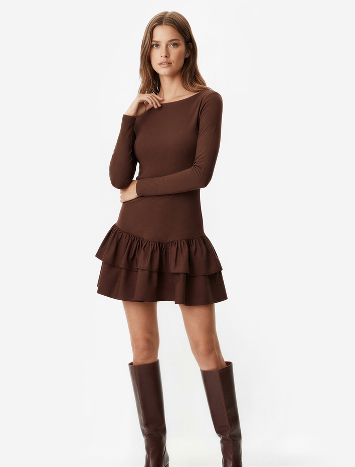  Uzun Kollu Bisiklet Yaka Katlı Volanlı Bodycon Mini Elbise