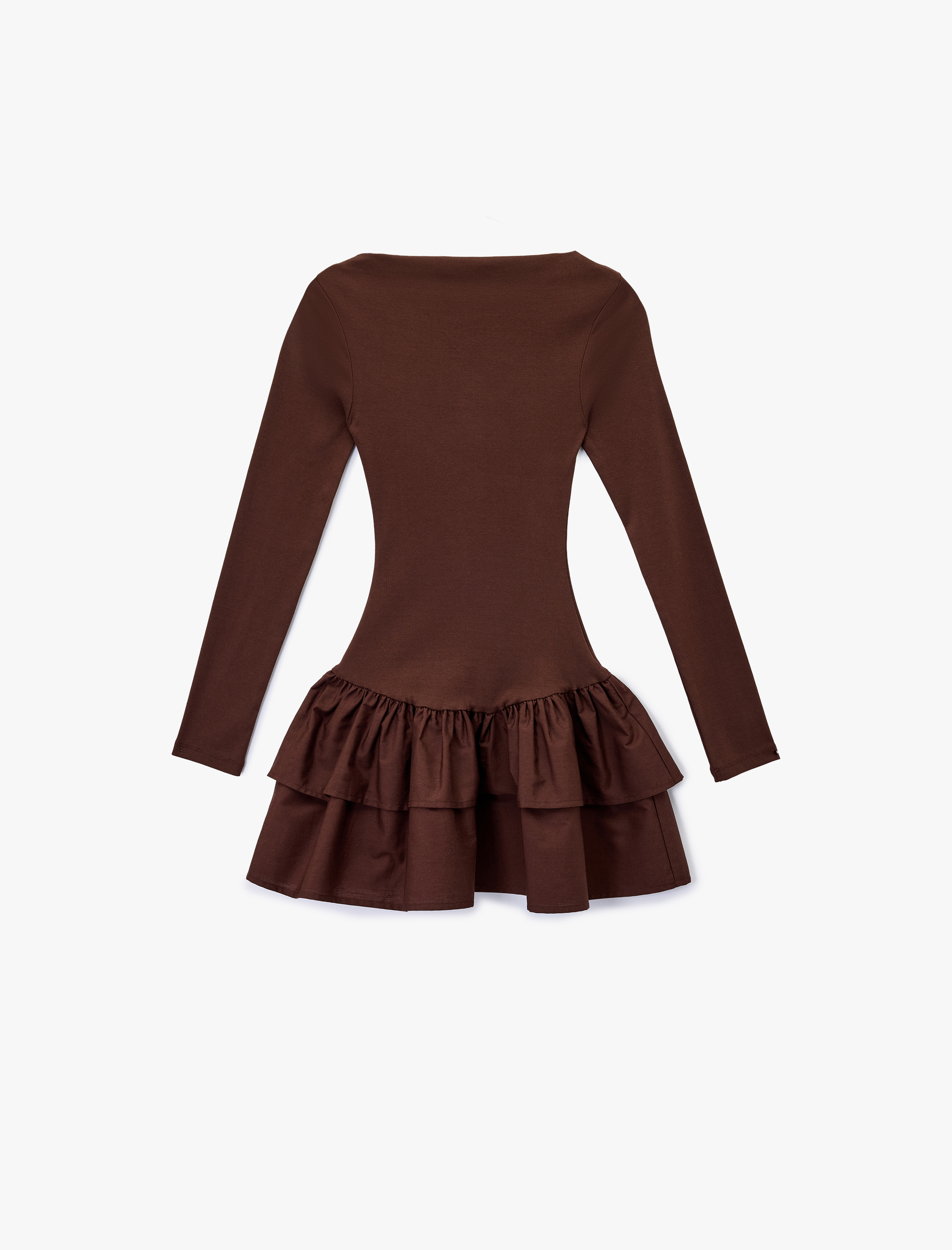   Uzun Kollu Bisiklet Yaka Katlı Volanlı Bodycon Mini Elbise