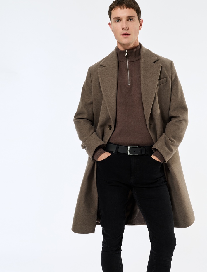  Regular Fit Cepli Mono Yaka Düğmeli Uzun Kaşe Kaban