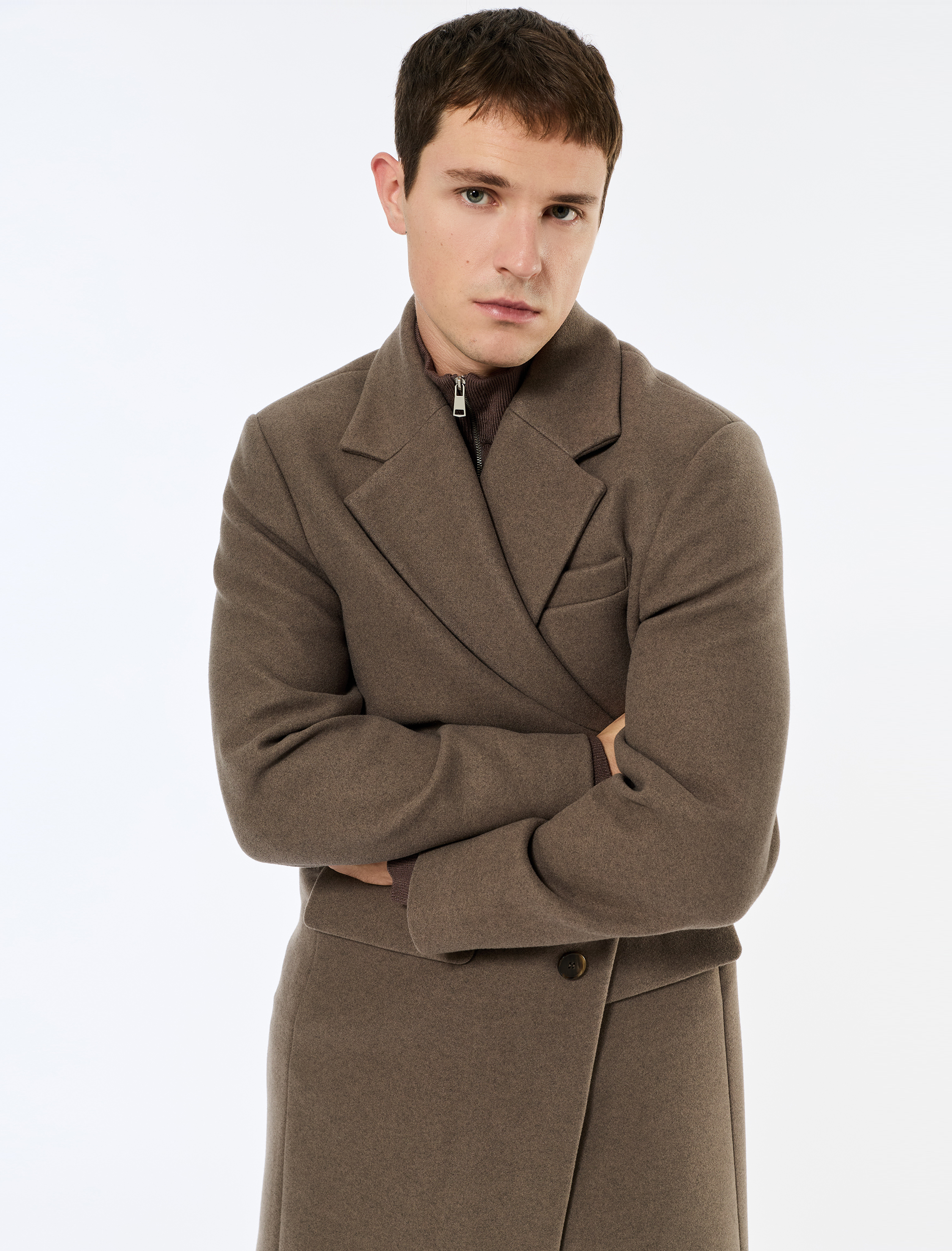   Regular Fit Cepli Mono Yaka Düğmeli Uzun Kaşe Kaban