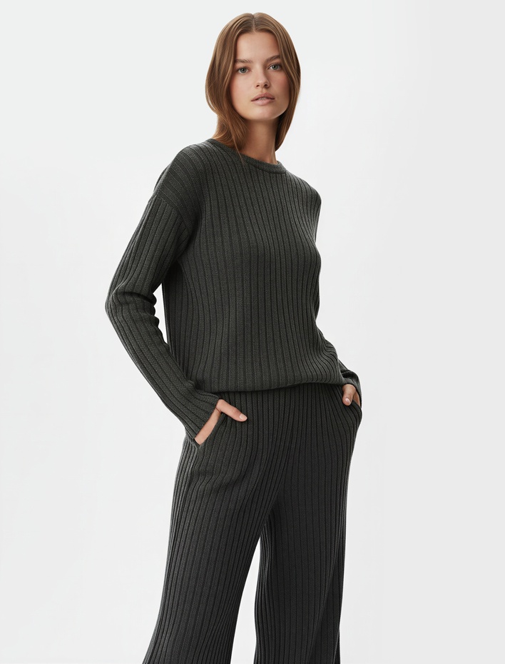  Uzun Kollu Bisiklet Yaka Rahat Kalıp Pijama Üstü