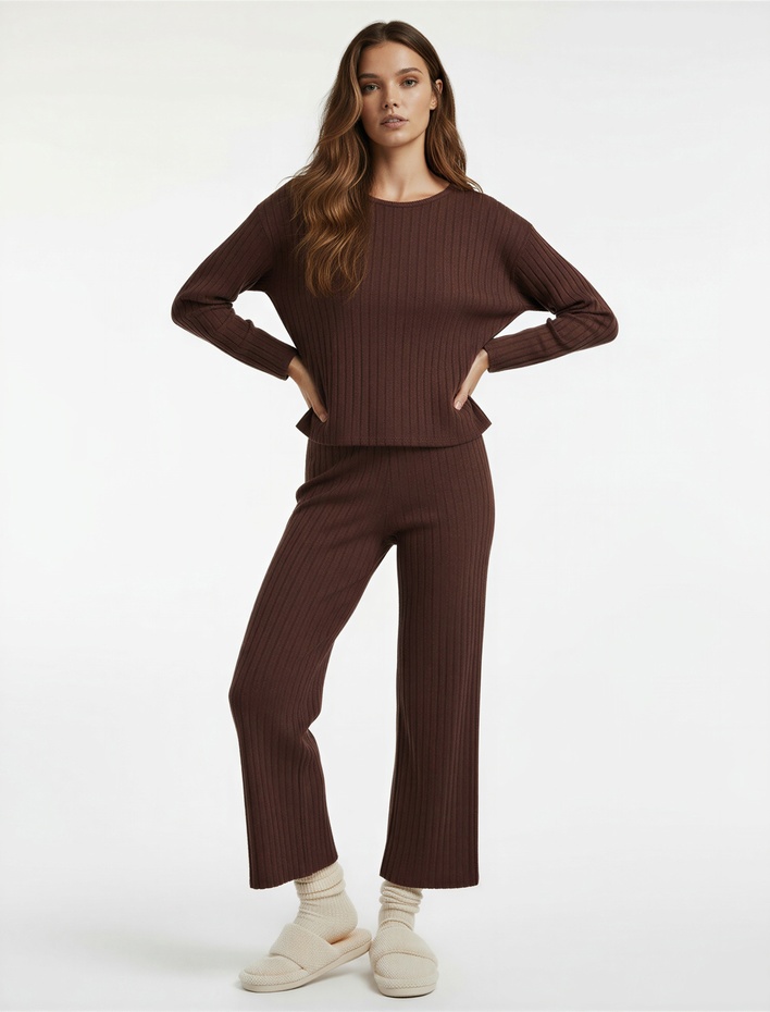  Uzun Kollu Bisiklet Yaka Rahat Kalıp Pijama Üstü