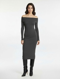 Uzun Kollu Slim Fit Kayık Yaka Omzu Açık Kalem Elbise