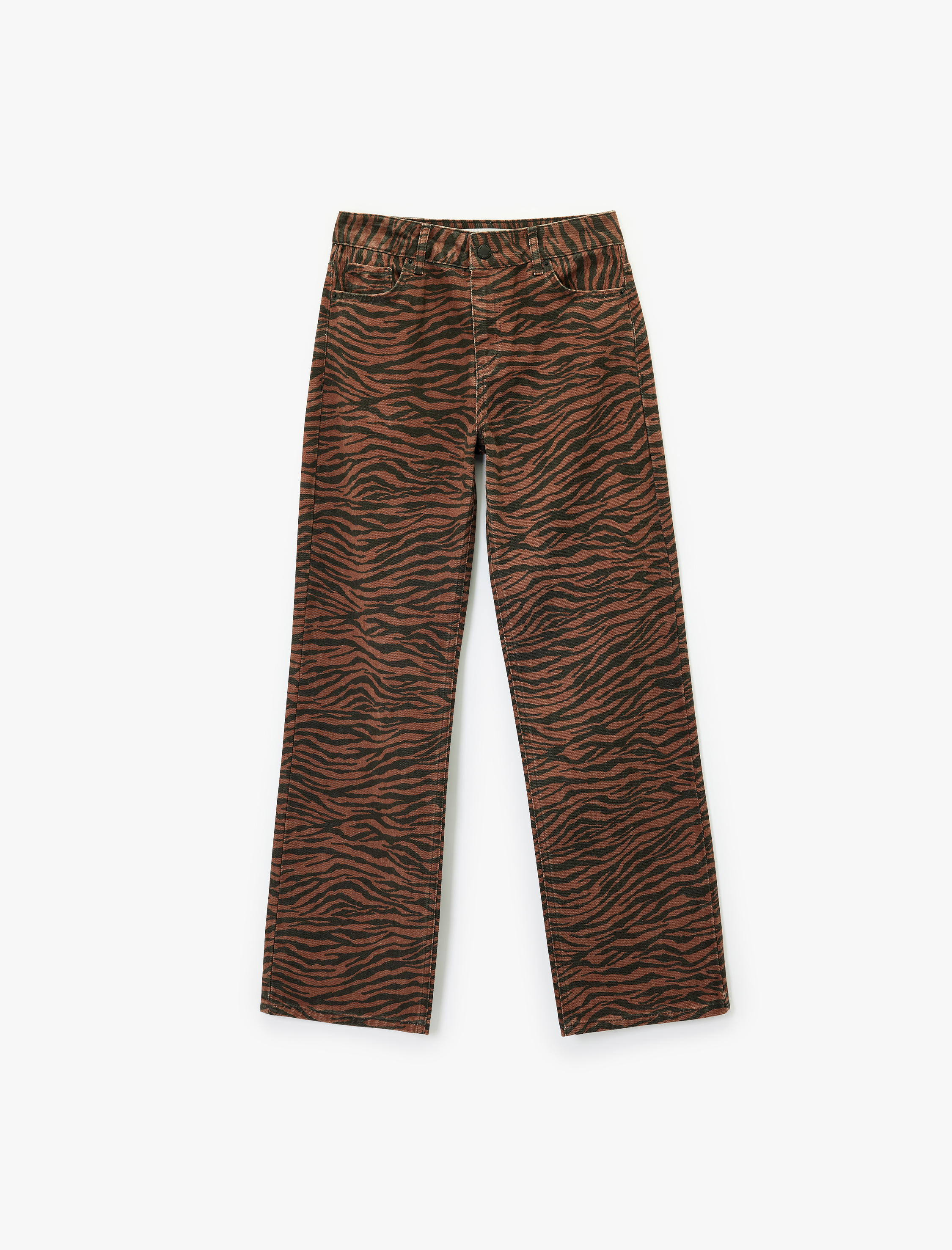   Normal Bel Düğmeli Düz Paça Zebra Desenli Jean Pantolon - Straight Fit Jean