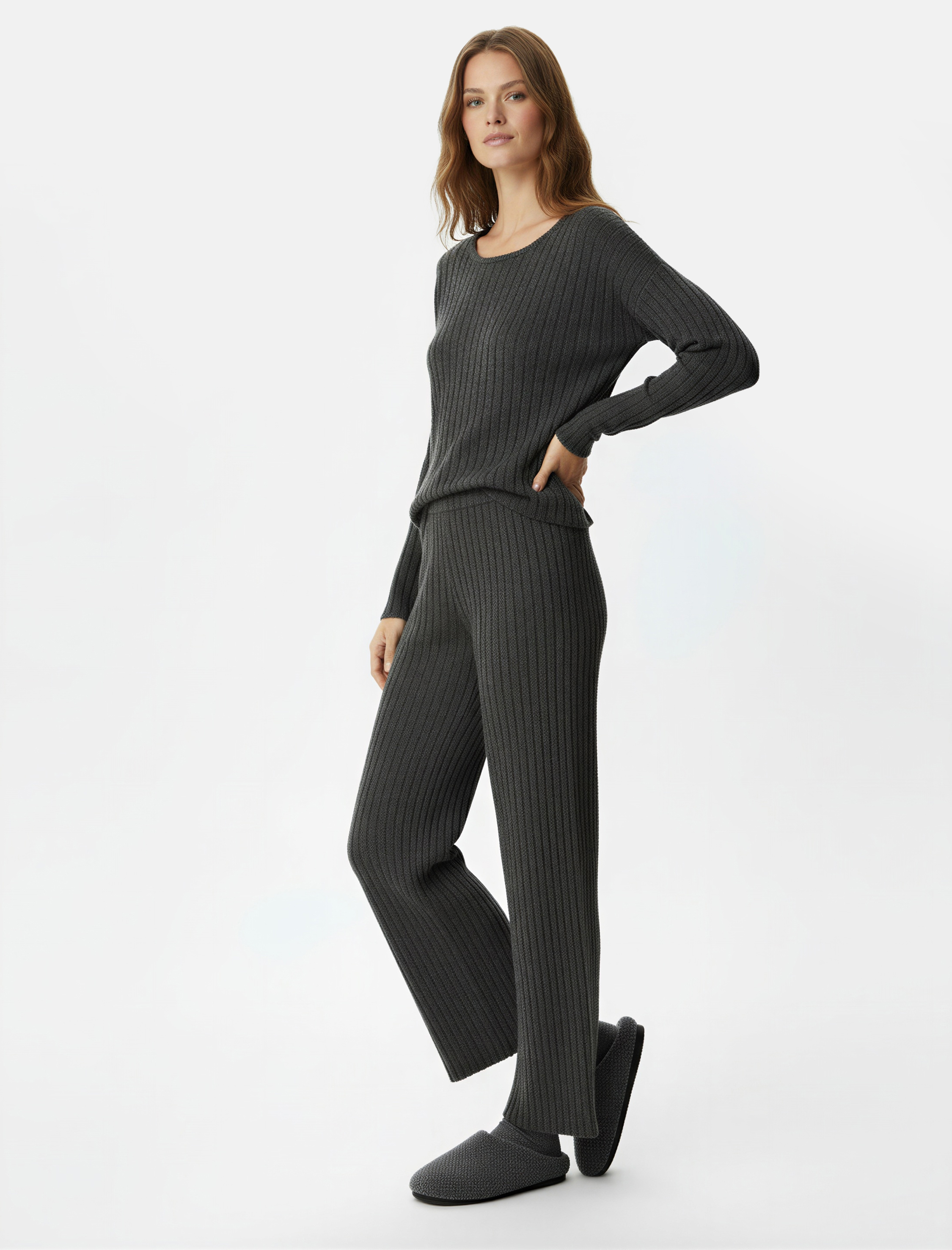   Uzun Kollu Bisiklet Yaka Rahat Kalıp Pijama Üstü