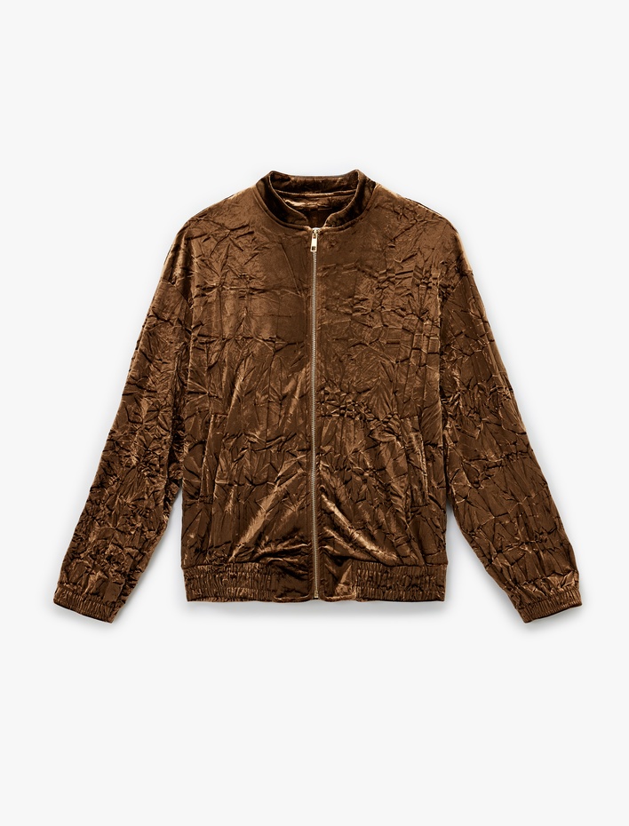  Uzun Kollu Tam Fermuarlı Dokulu Kadife Bomber Ceket