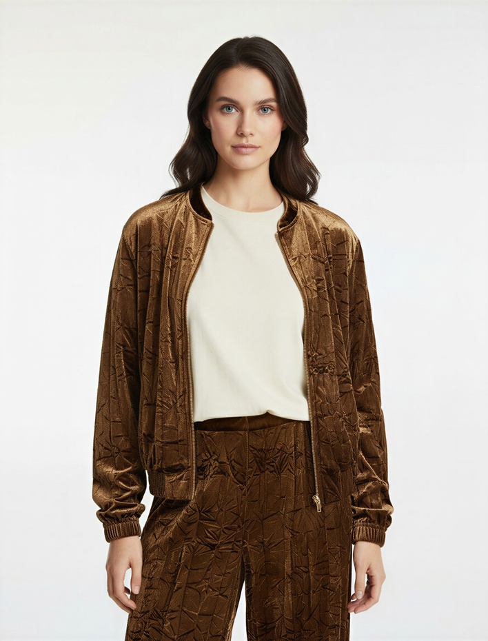  Uzun Kollu Tam Fermuarlı Dokulu Kadife Bomber Ceket