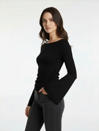 Koton X Sibil Çetinkaya - Kayık Yaka Asimetrik Kesim Uzun İspanyol Kollu Bluz