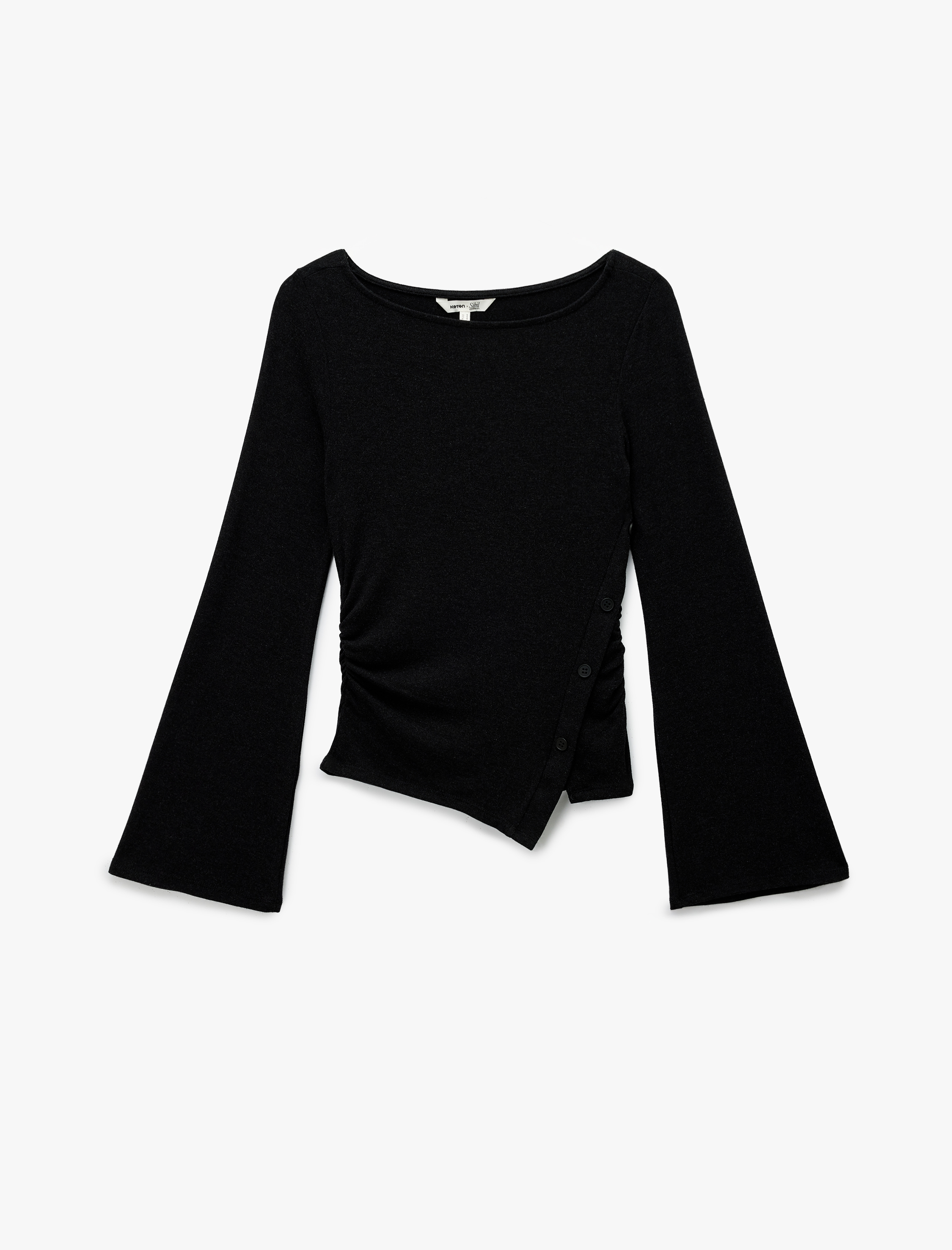   Koton X Sibil Çetinkaya - Kayık Yaka Asimetrik Kesim Uzun İspanyol Kollu Bluz