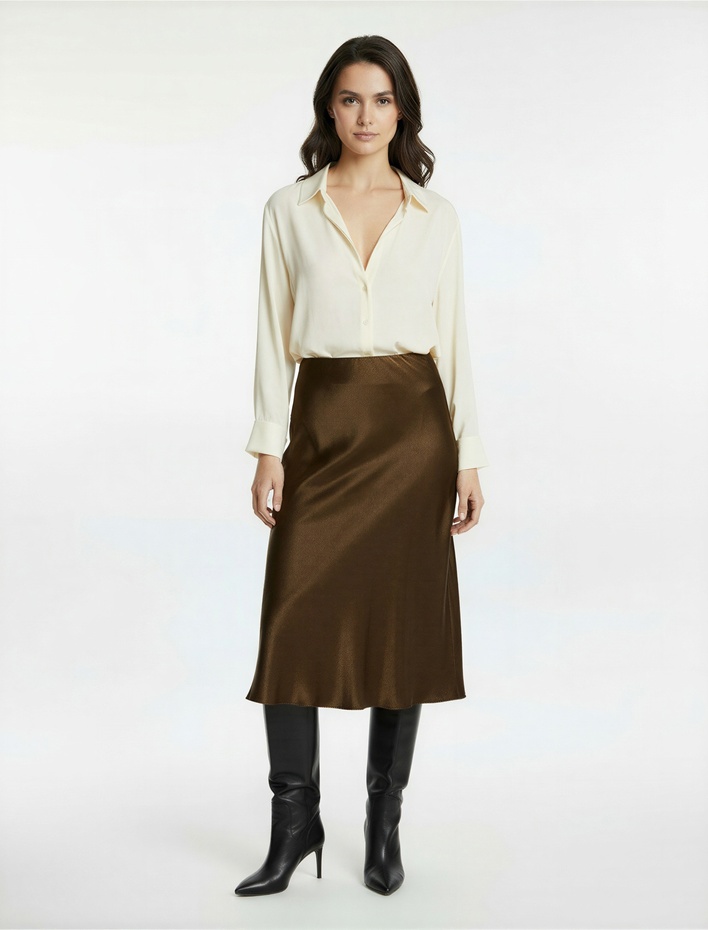  Slim Fit Balık Kesim Midi Boy Saten Etek