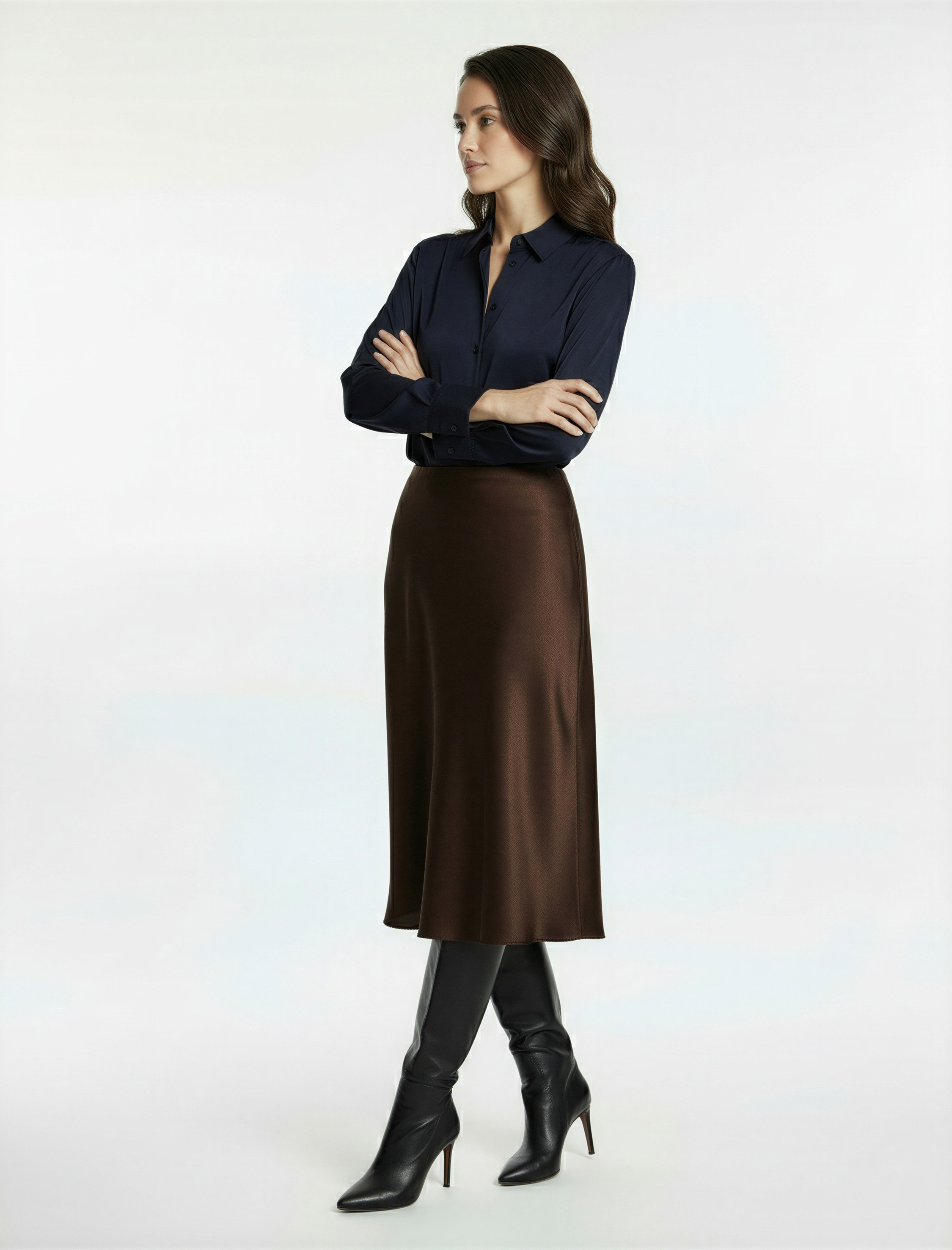   Slim Fit Balık Kesim Midi Boy Saten Etek