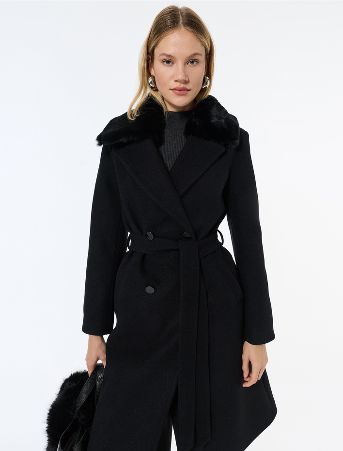  Suni Kürk Yaka Kaban Kaşe Kemerli Uzun Kollu