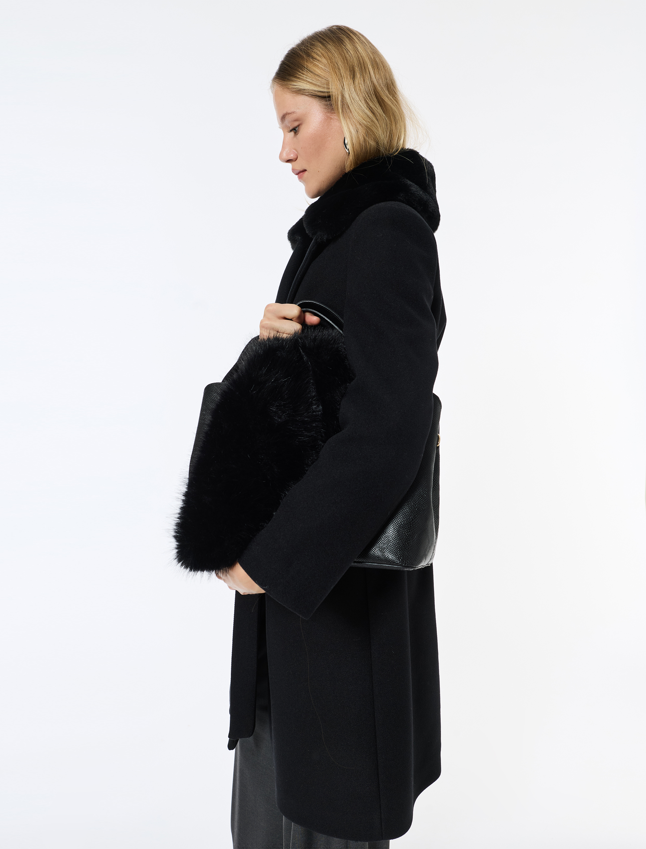   Suni Kürk Yaka Kaban Kaşe Kemerli Uzun Kollu