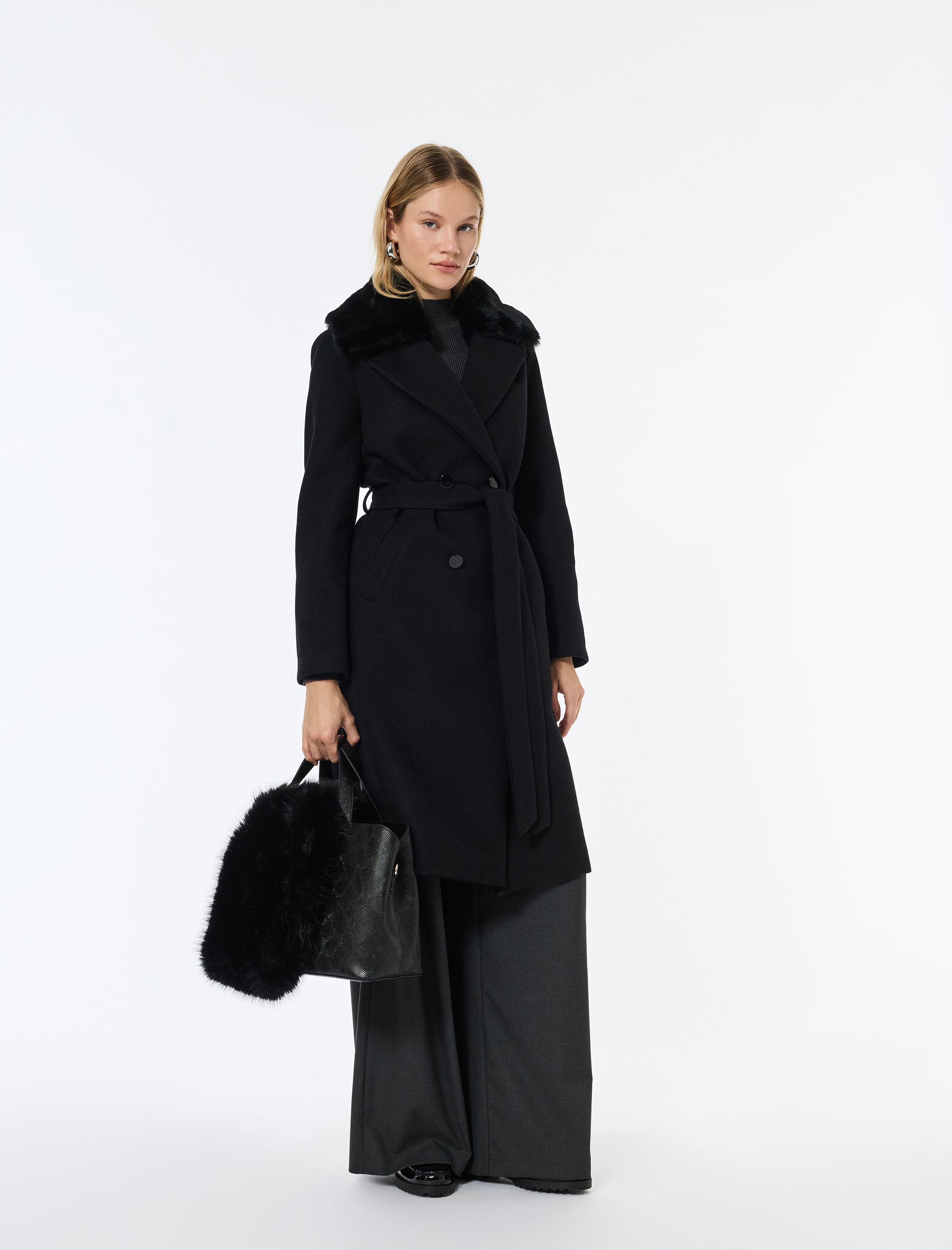   Suni Kürk Yaka Kaban Kaşe Kemerli Uzun Kollu