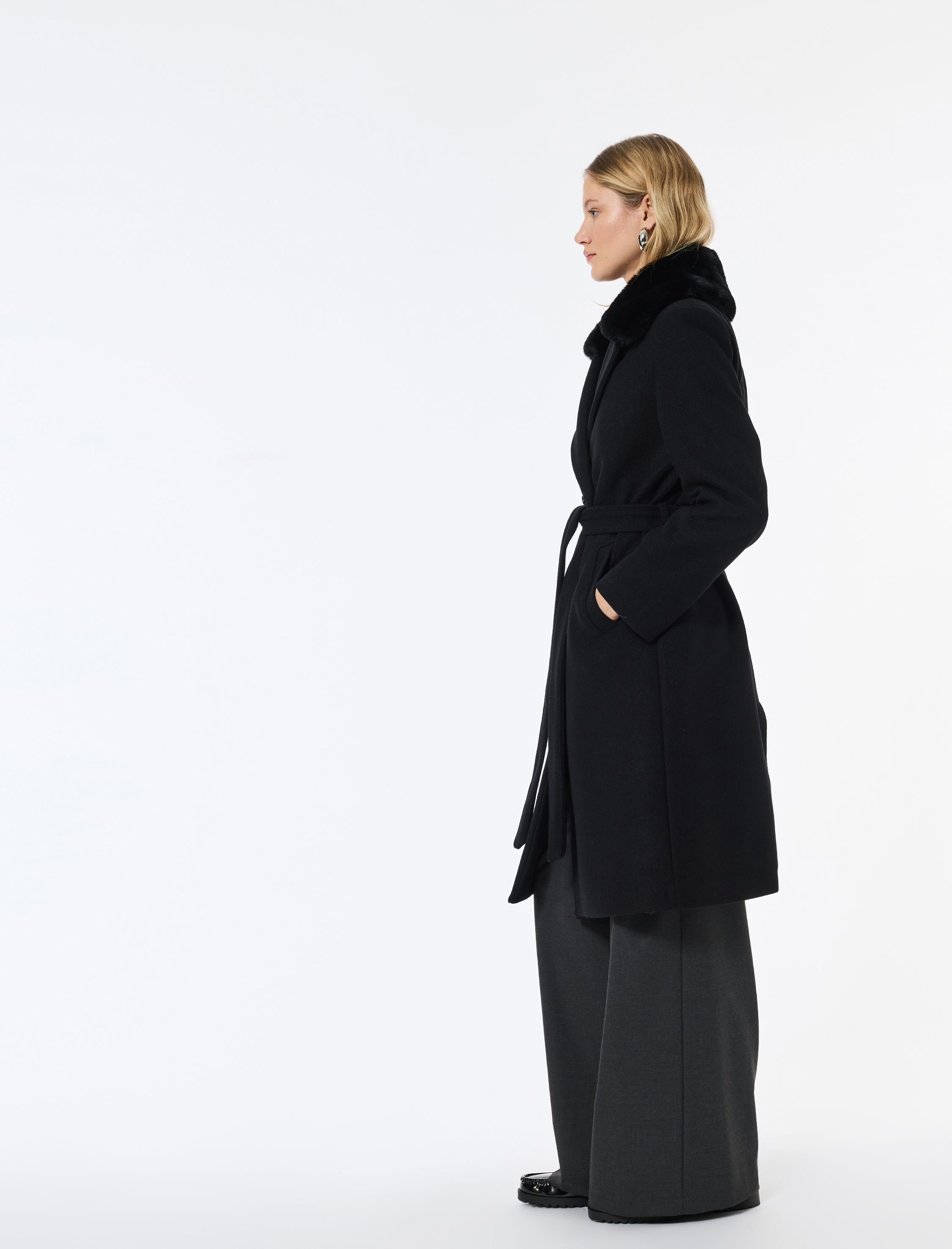   Suni Kürk Yaka Kaban Kaşe Kemerli Uzun Kollu