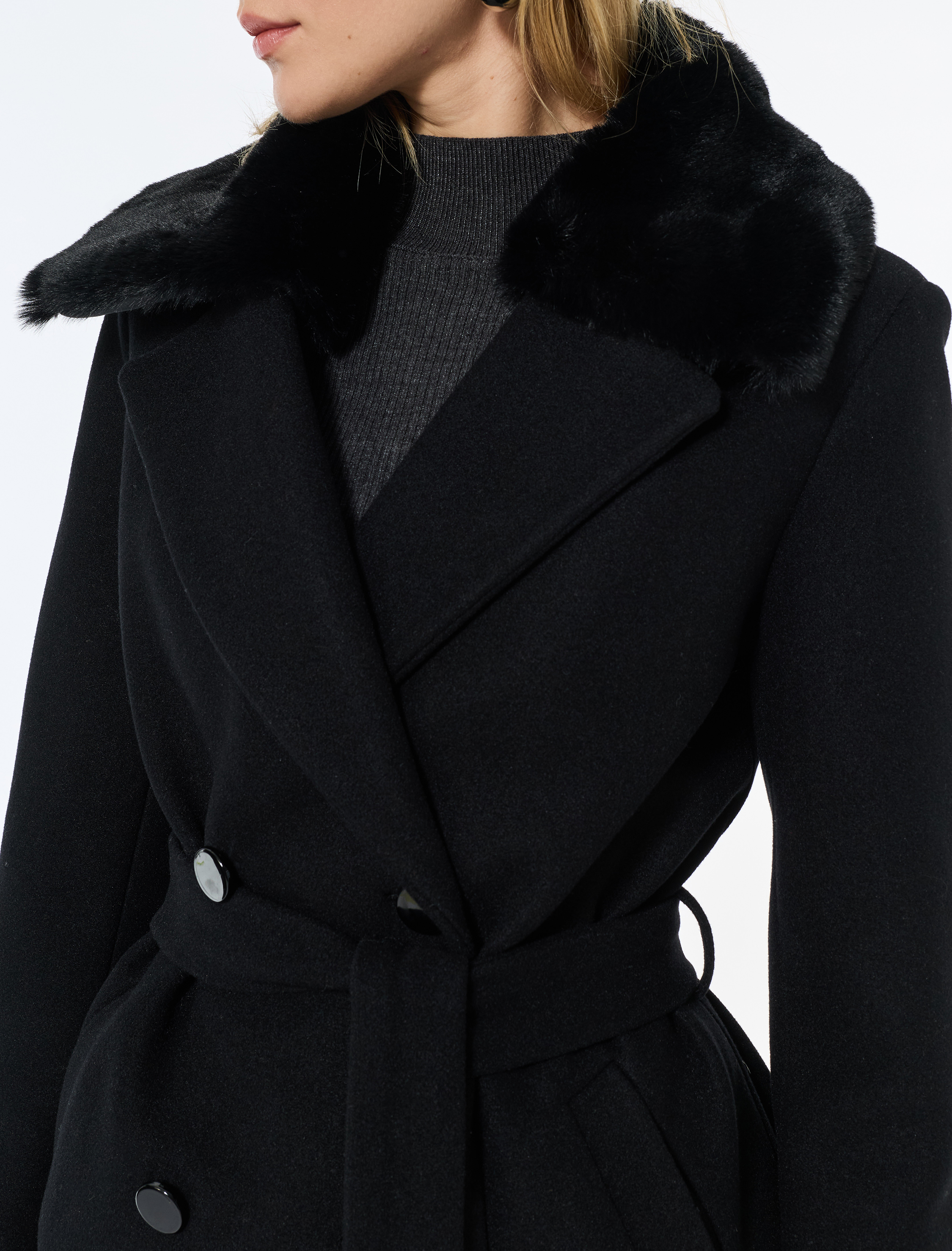   Suni Kürk Yaka Kaban Kaşe Kemerli Uzun Kollu