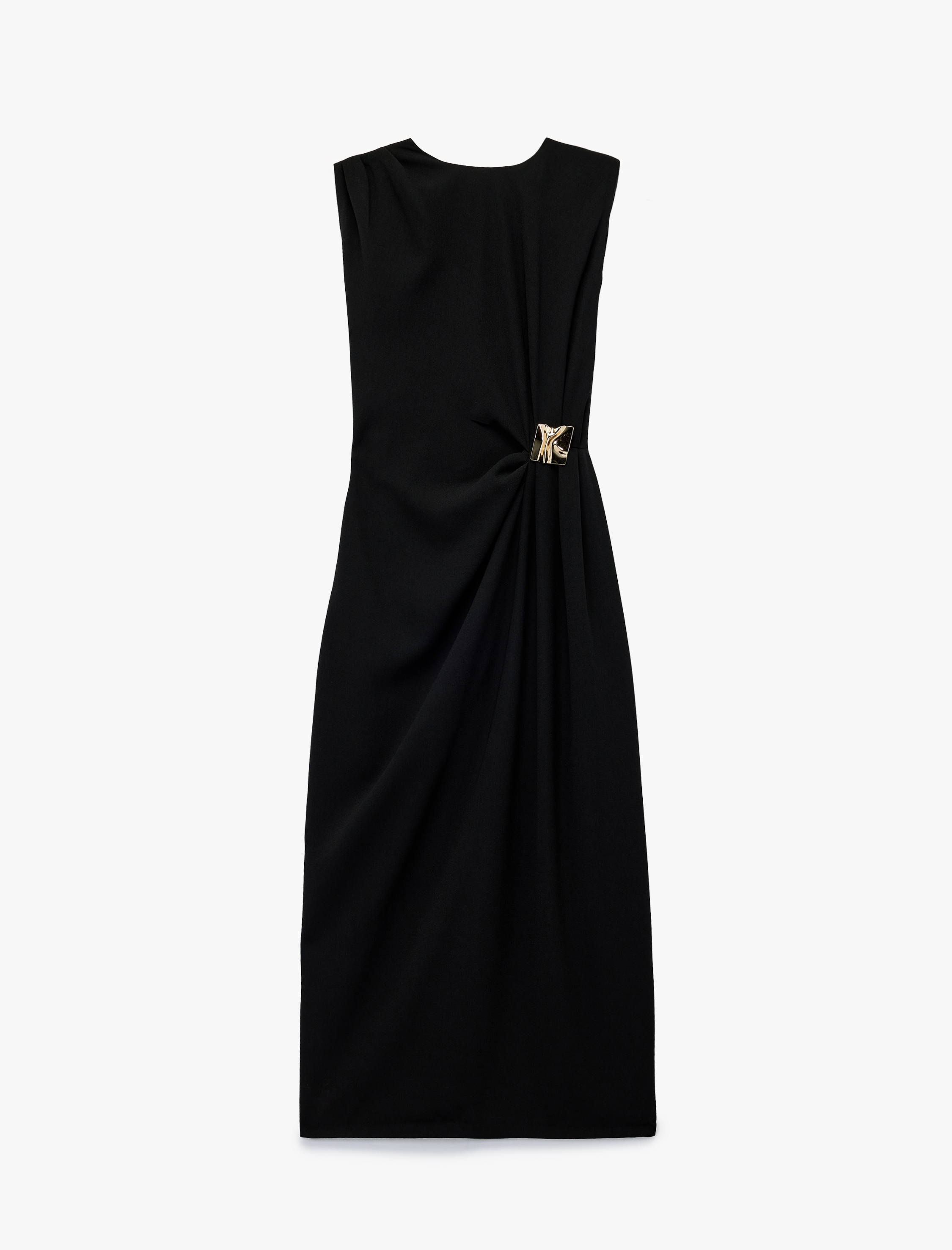   Bisiklet Yaka Yırtmaçlı Kolsuz Aksesuar Detaylı Midi Boy Kalem Elbise