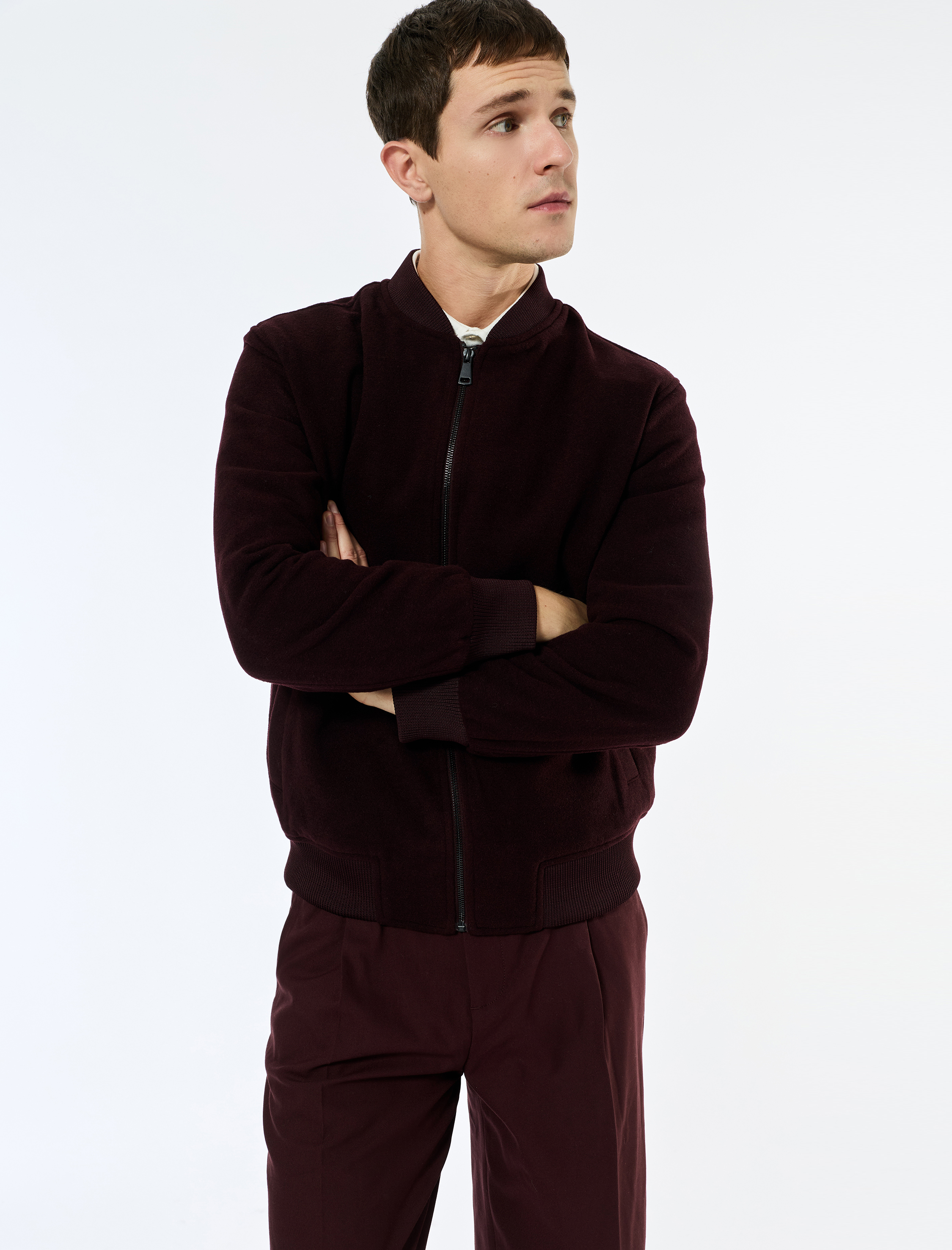   Regular Fit Uzun Kollu Fermuarlı Kaşe Bomber Ceket