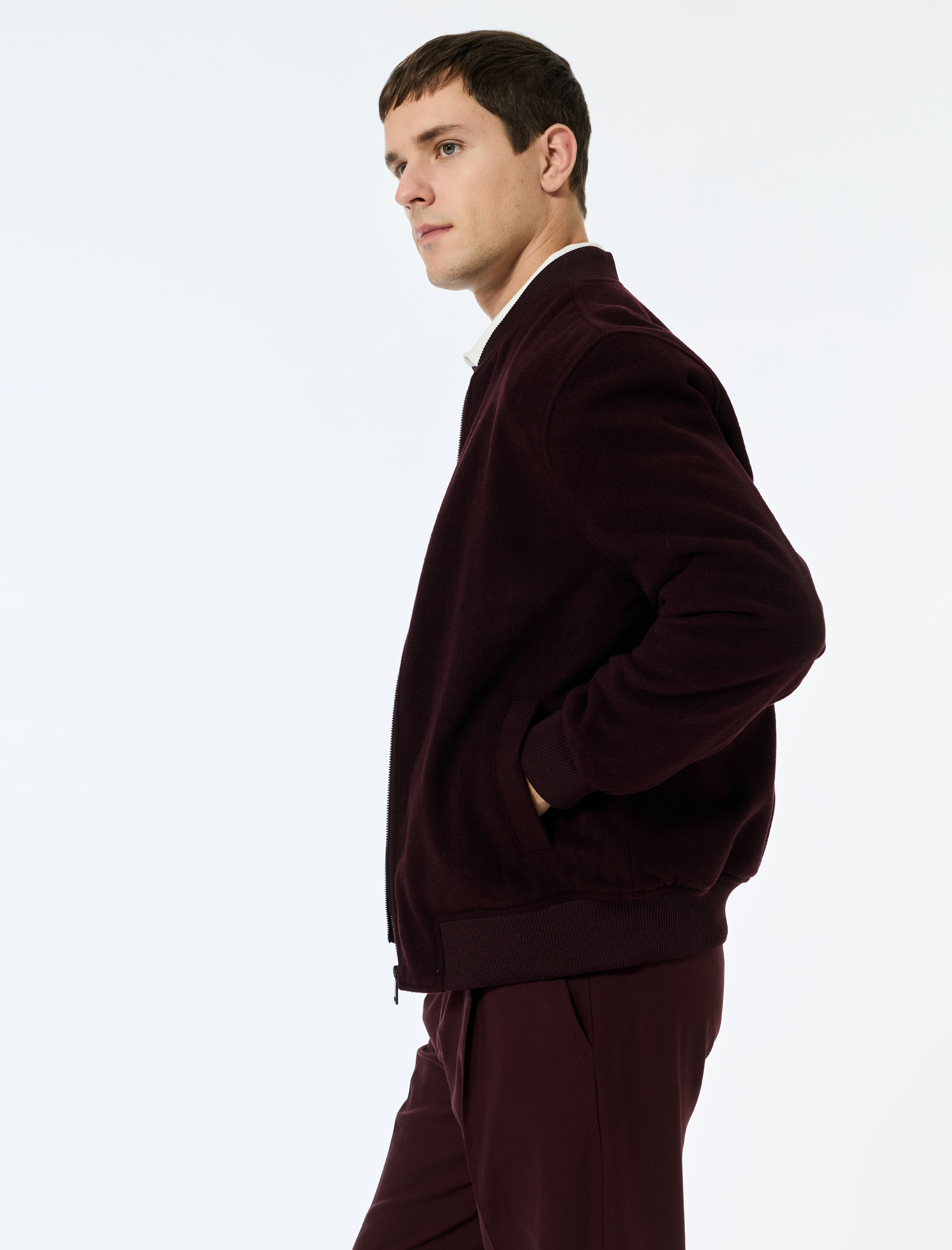   Regular Fit Uzun Kollu Fermuarlı Kaşe Bomber Ceket