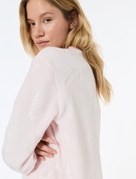 Yılbaşı Temalı Uzun Kollu Bisiklet Yaka Peluş Pijama Üstü