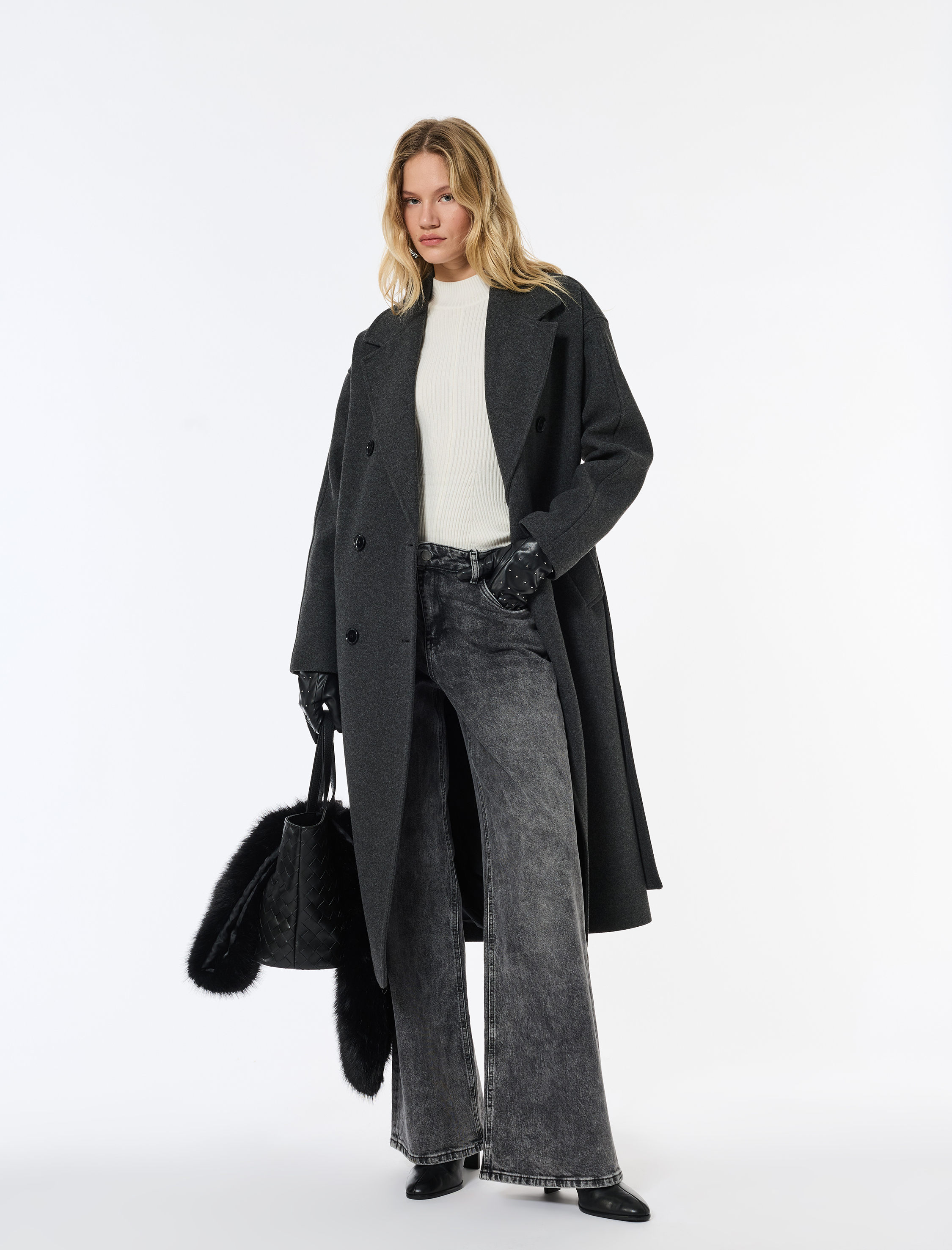   Kemerli Kaban Kaşe Kruvaze Düğmeli Cepli Uzun Kollu