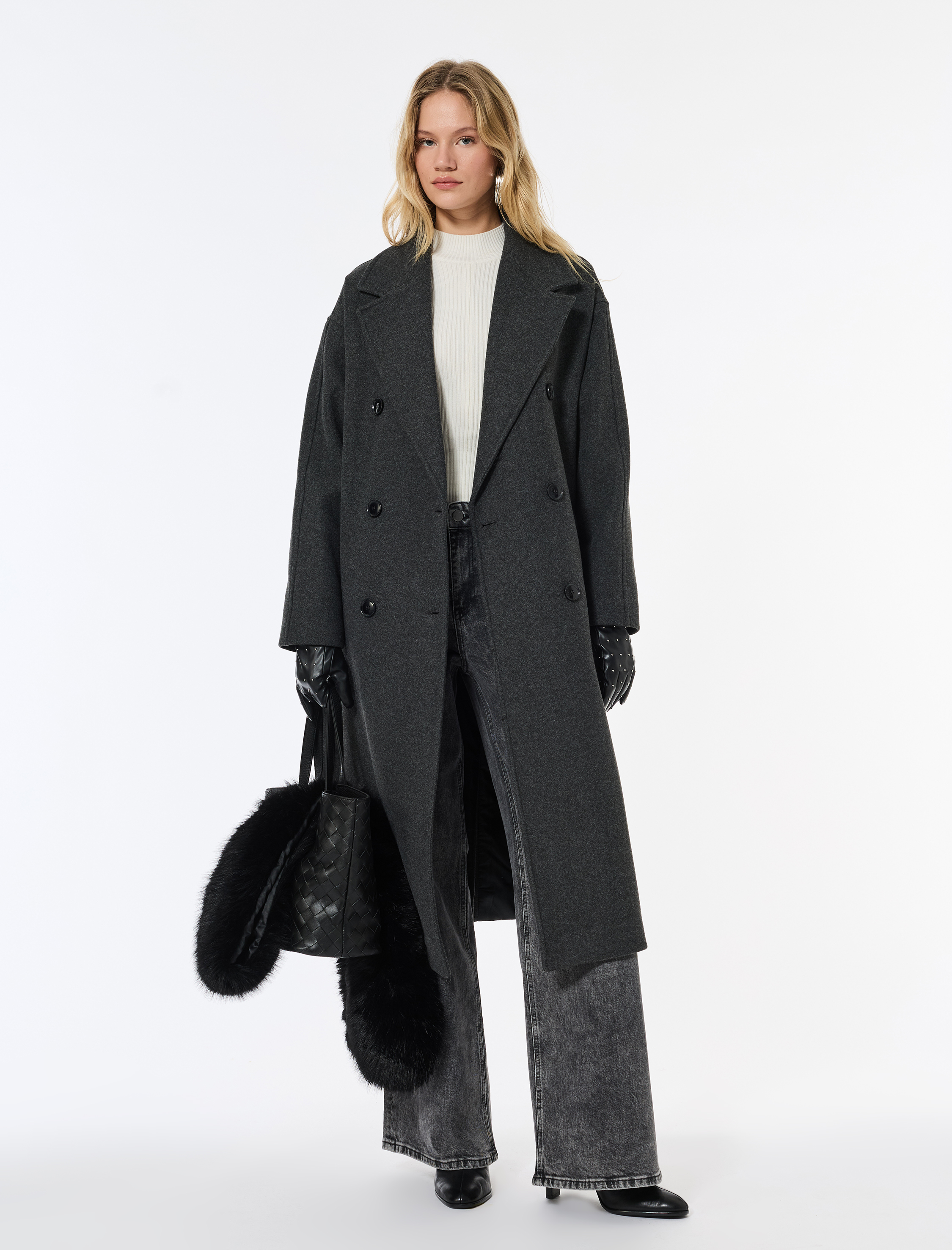   Kemerli Kaban Kaşe Kruvaze Düğmeli Cepli Uzun Kollu