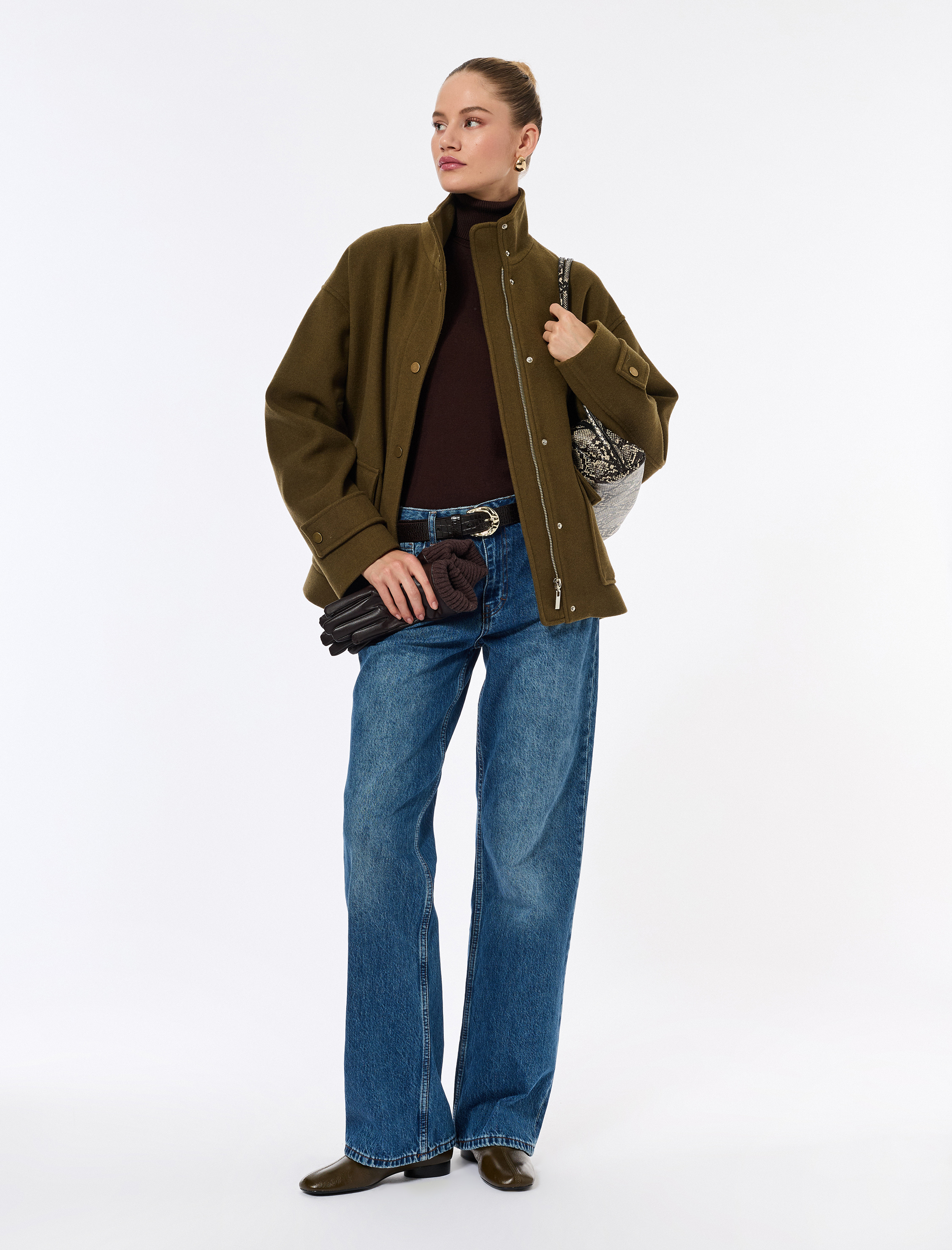   Dik Yaka Kaban Kaşe Oversize Cepli Uzun Kollu