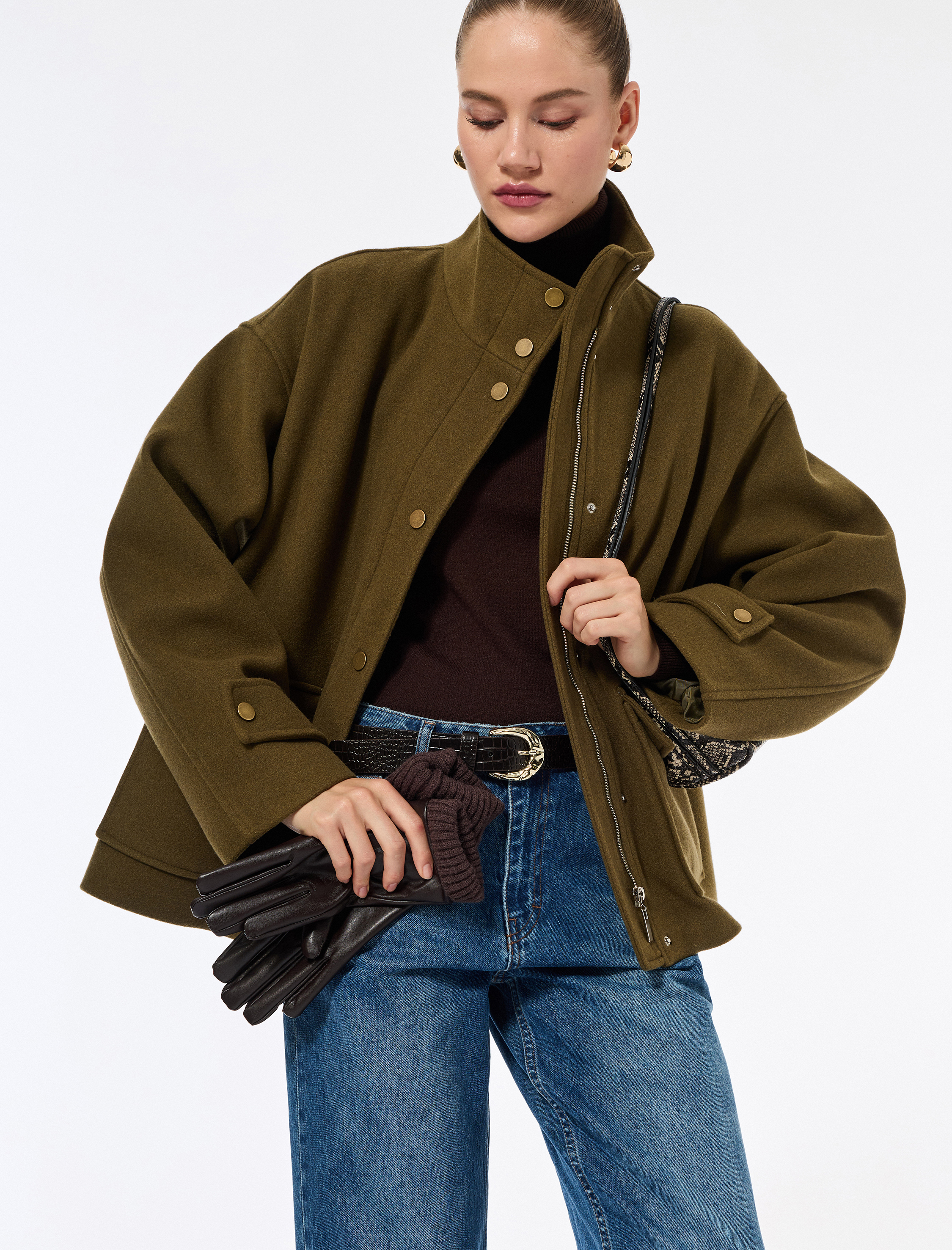   Dik Yaka Kaban Kaşe Oversize Cepli Uzun Kollu