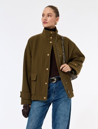 Dik Yaka Kaban Kaşe Oversize Cepli Uzun Kollu