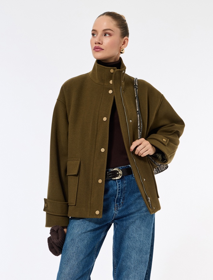  Dik Yaka Kaban Kaşe Oversize Cepli Uzun Kollu