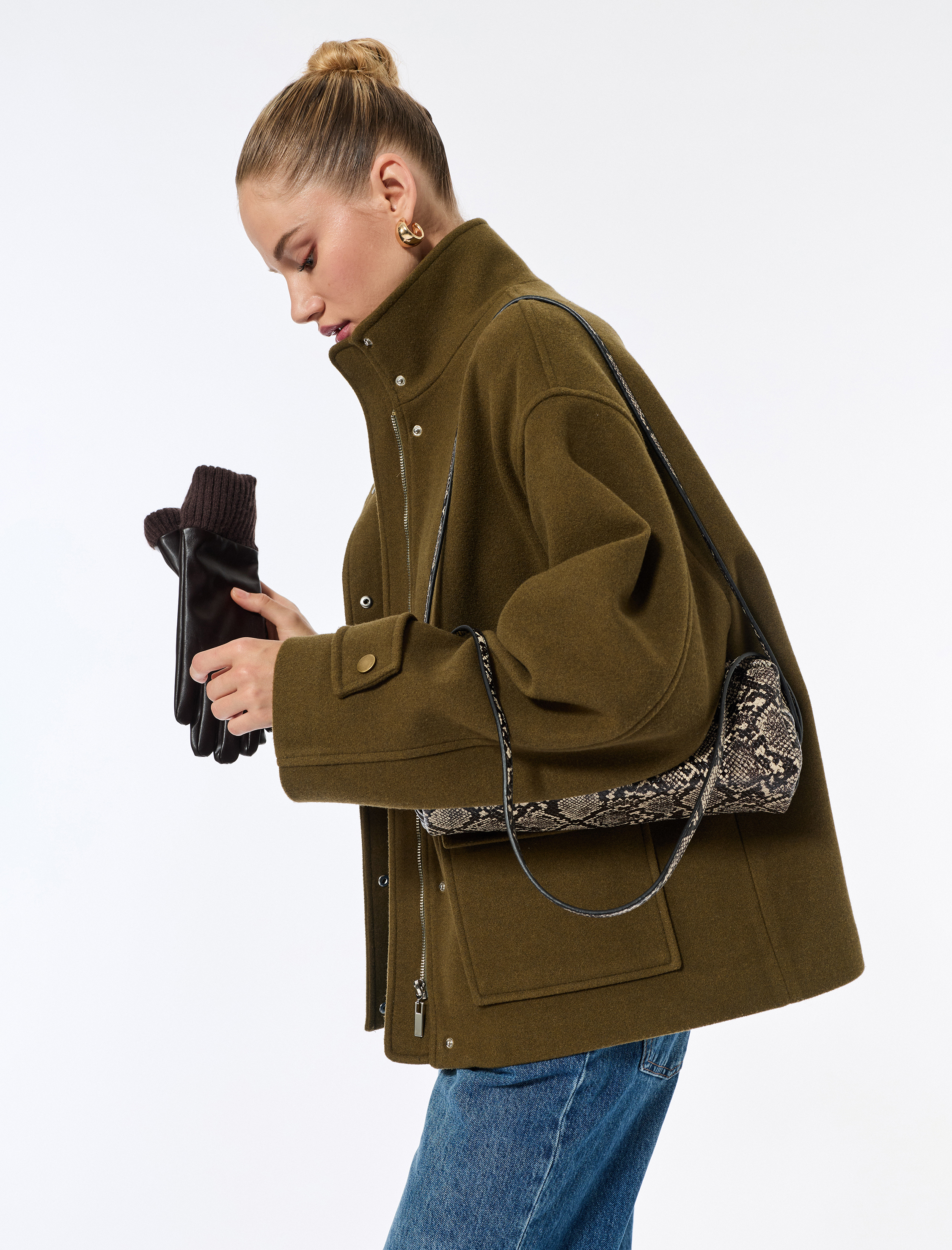   Dik Yaka Kaban Kaşe Oversize Cepli Uzun Kollu