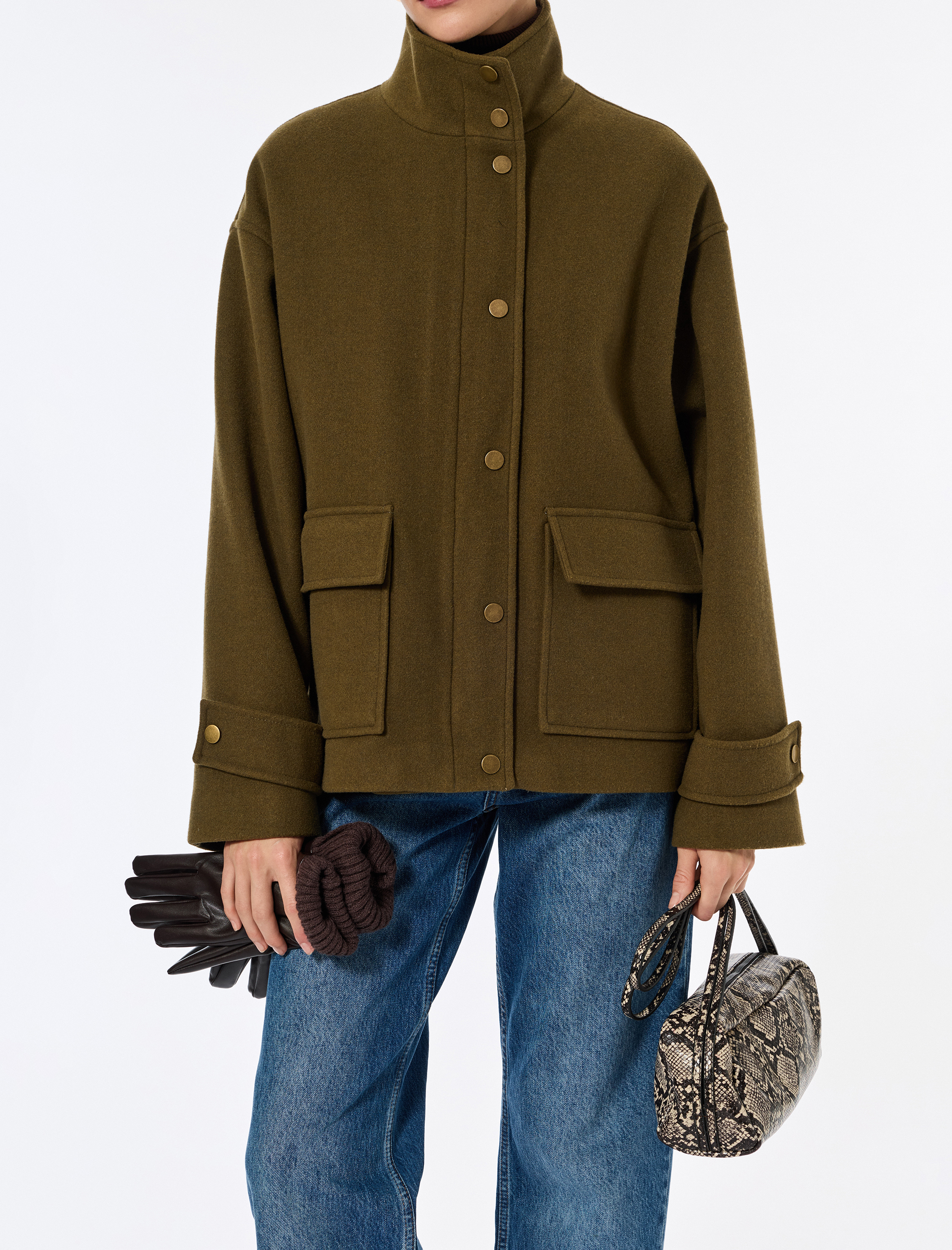   Dik Yaka Kaban Kaşe Oversize Cepli Uzun Kollu