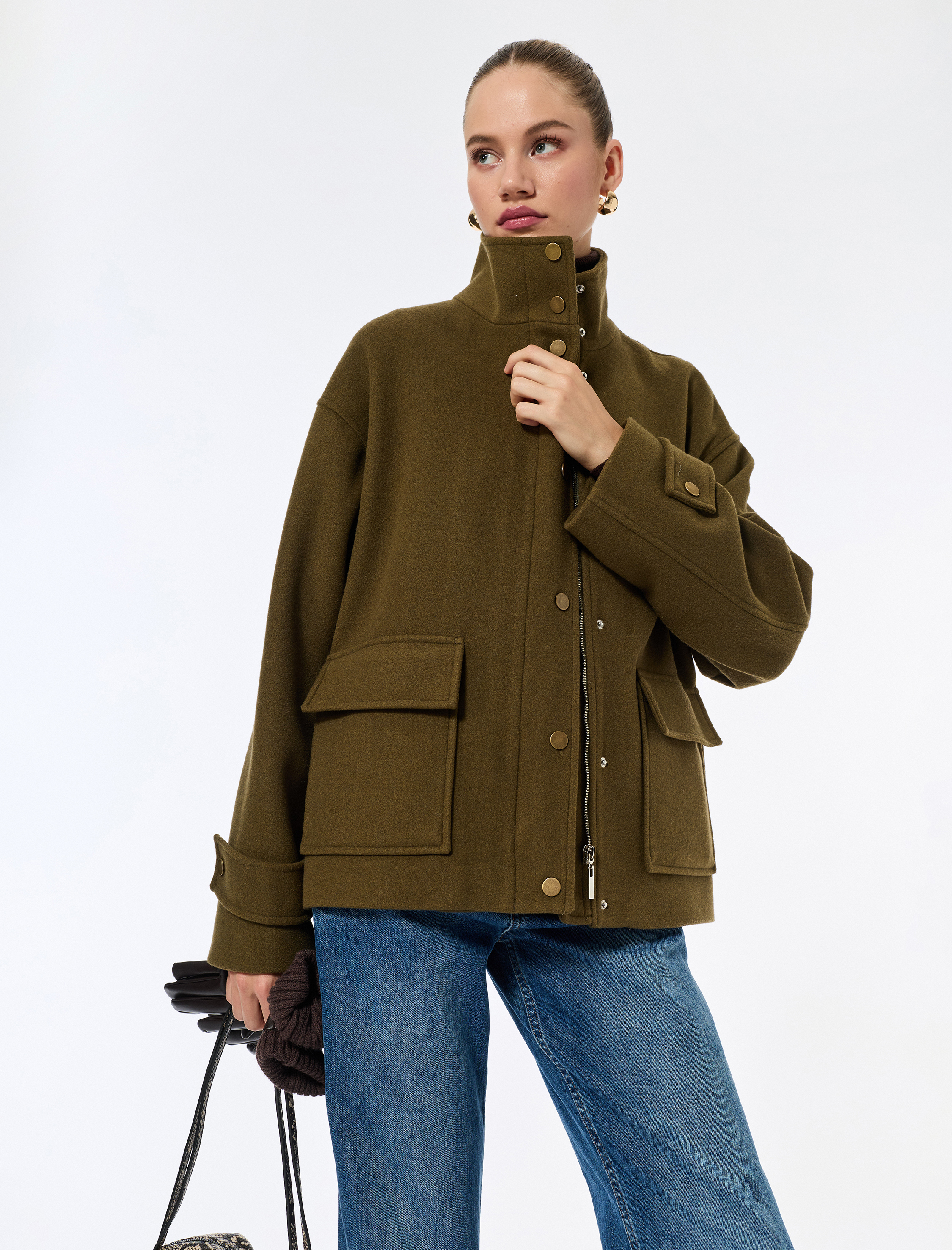   Dik Yaka Kaban Kaşe Oversize Cepli Uzun Kollu