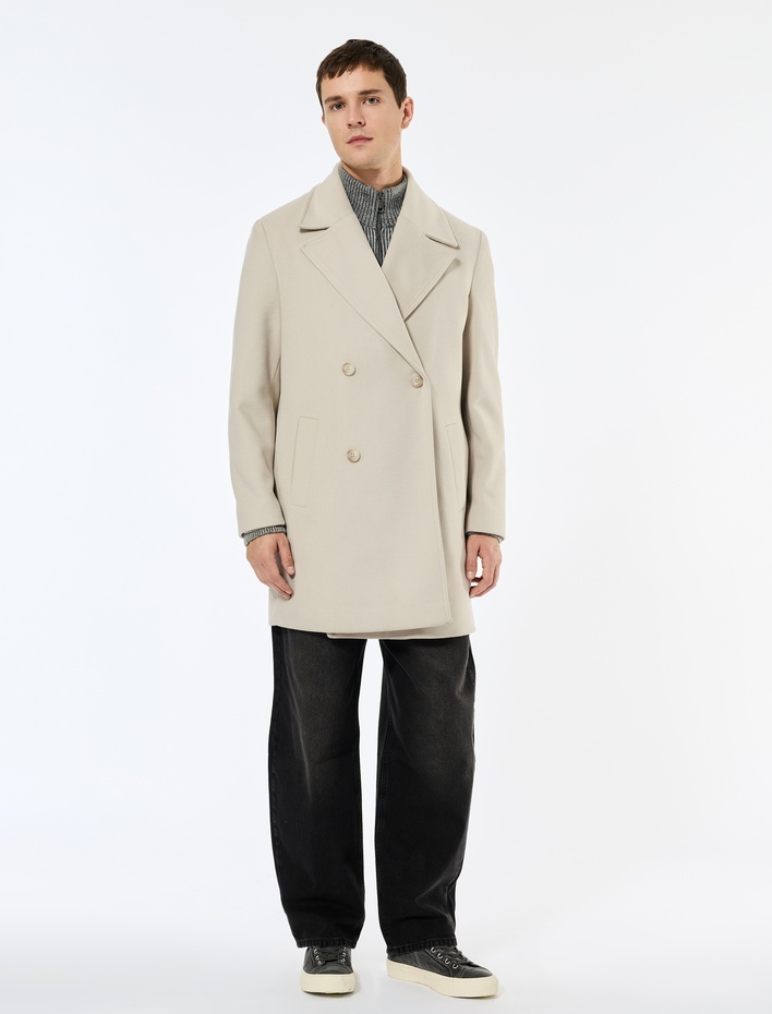  Uzun Kollu Cepli Düğmeli Kruvaze Yaka Uzun Kaşe Kaban