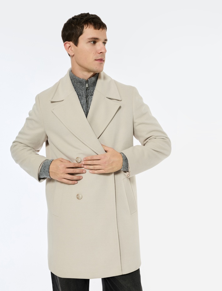  Uzun Kollu Cepli Düğmeli Kruvaze Yaka Uzun Kaşe Kaban