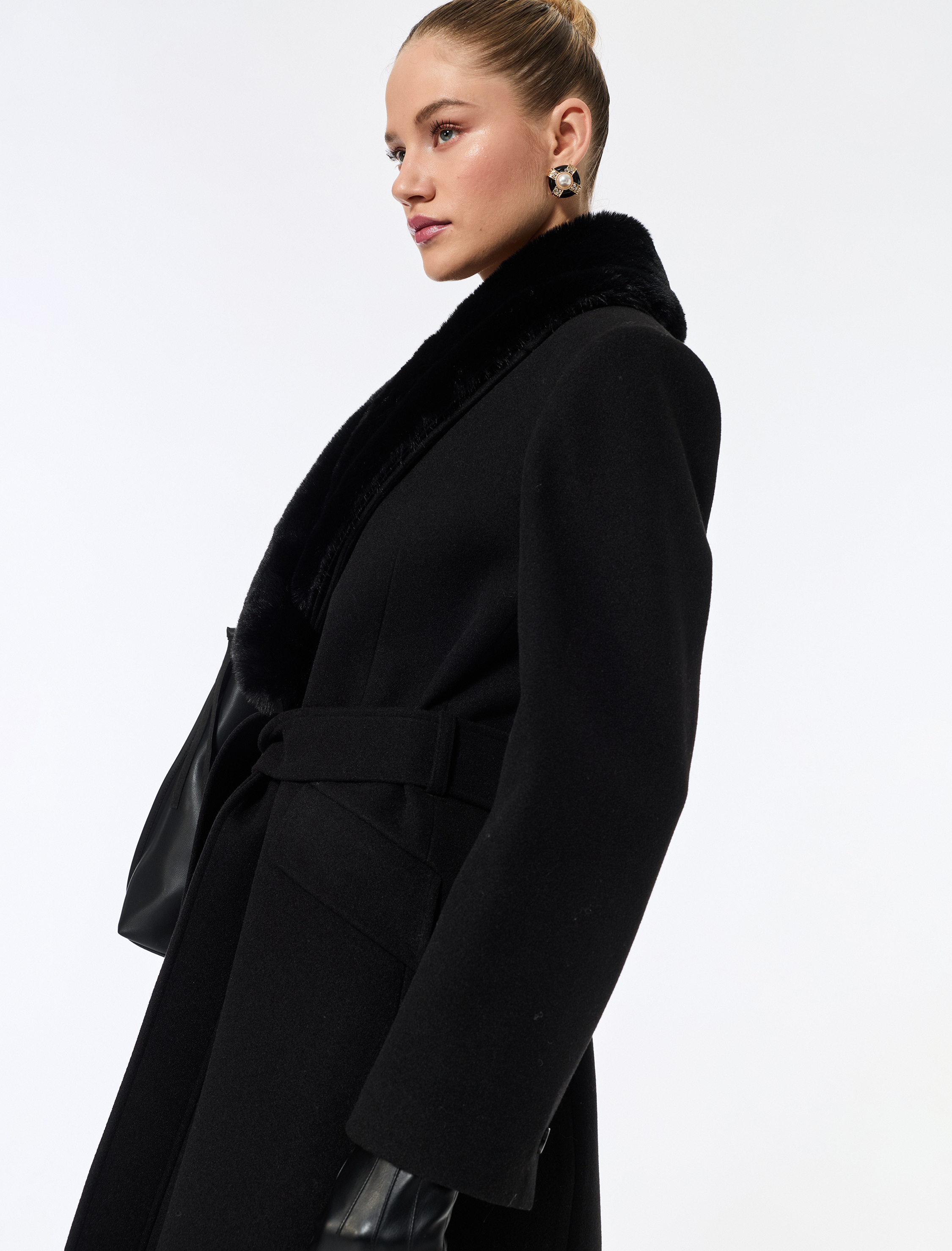   Suni Kürk Yaka Kaban Kaşe Kemerli Uzun Kollu