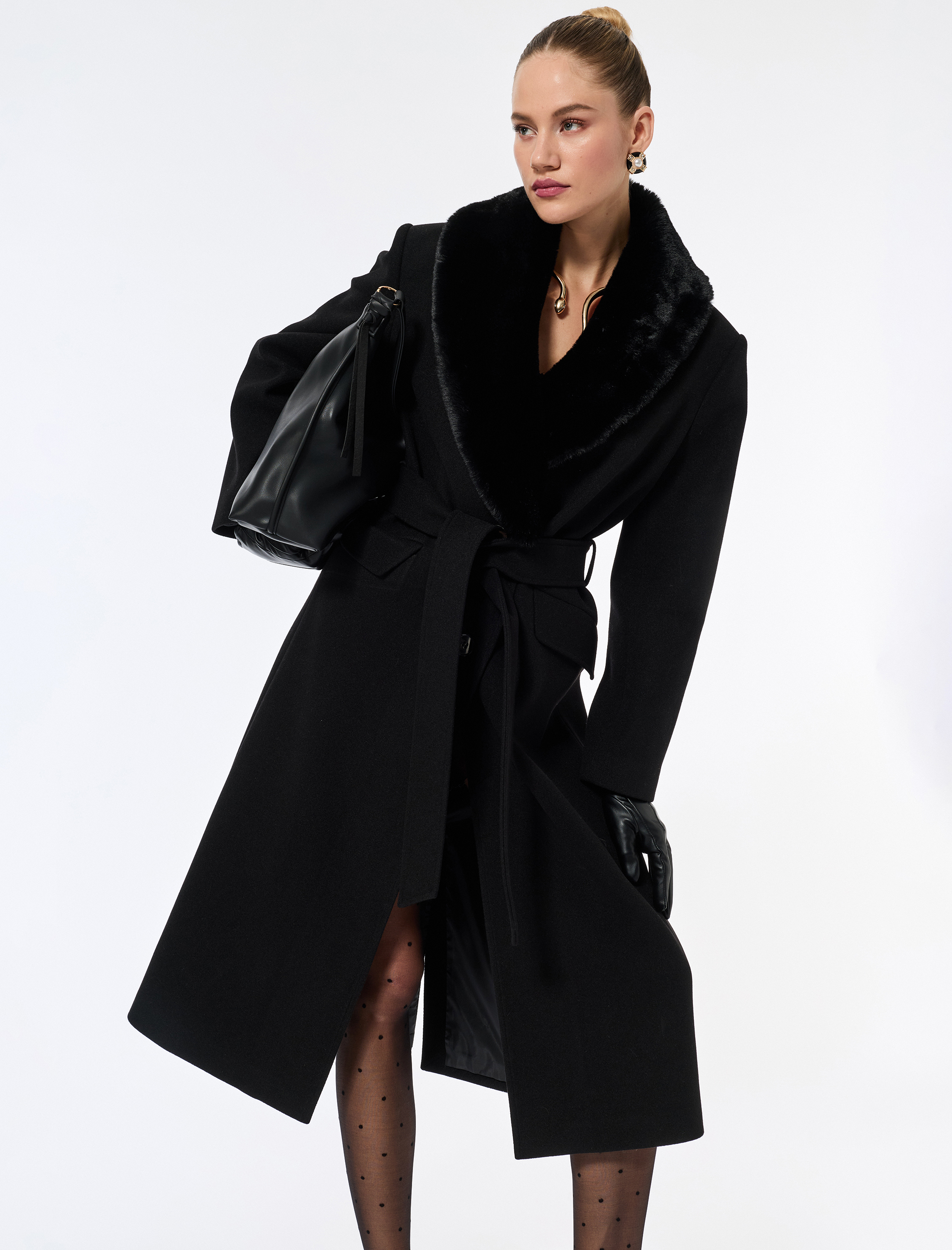   Suni Kürk Yaka Kaban Kaşe Kemerli Uzun Kollu