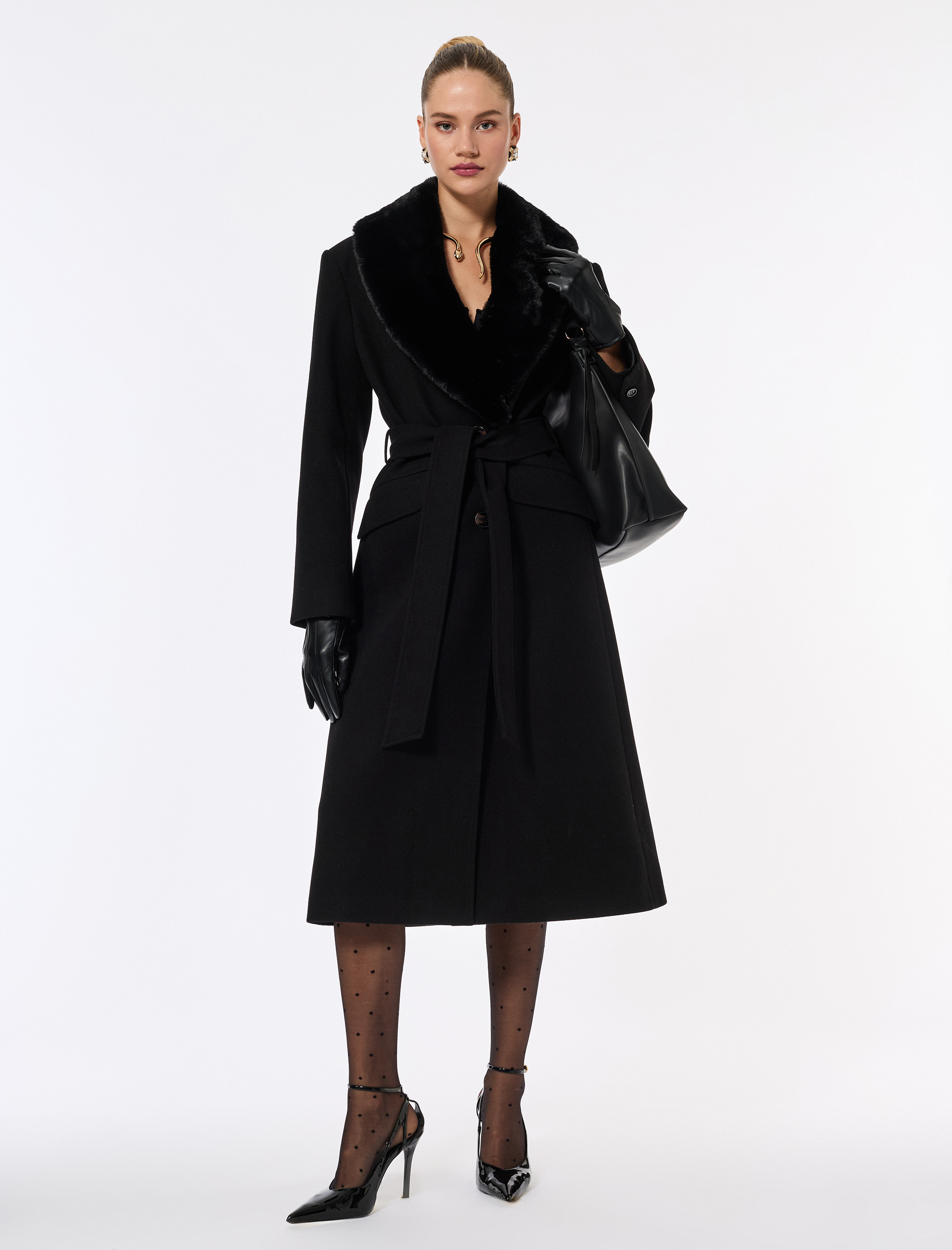   Suni Kürk Yaka Kaban Kaşe Kemerli Uzun Kollu