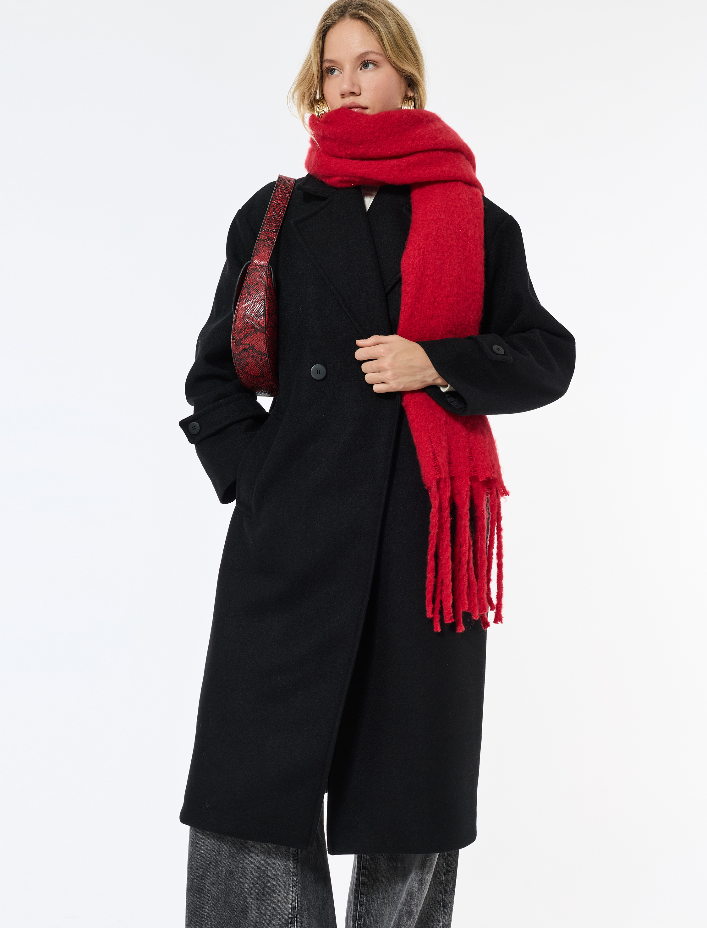   Oversize Kaban Kaşe Uzun Kollu Cepli Düğmeli Kruvaze