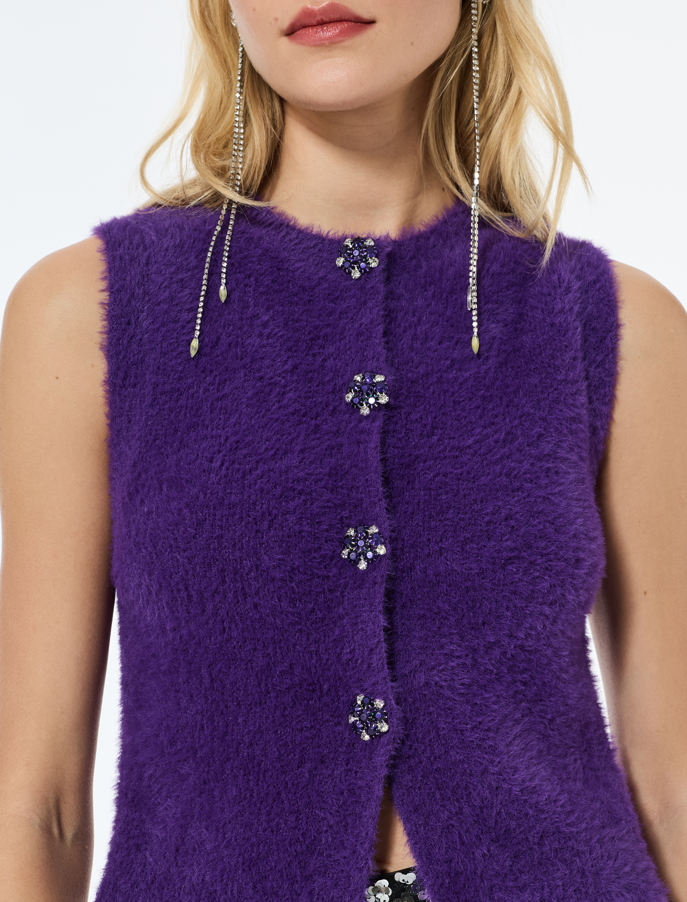   Bisiklet Yaka Çiçek Taş Detaylı Düğmeli Peluş Yelek