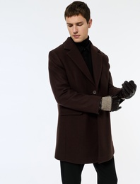 Uzun Kollu Kapaklı Cepli Düğmeli Mono Yaka Kaşe Kaban