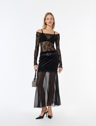 Dantelli Tül Detaylı Kadife Etek