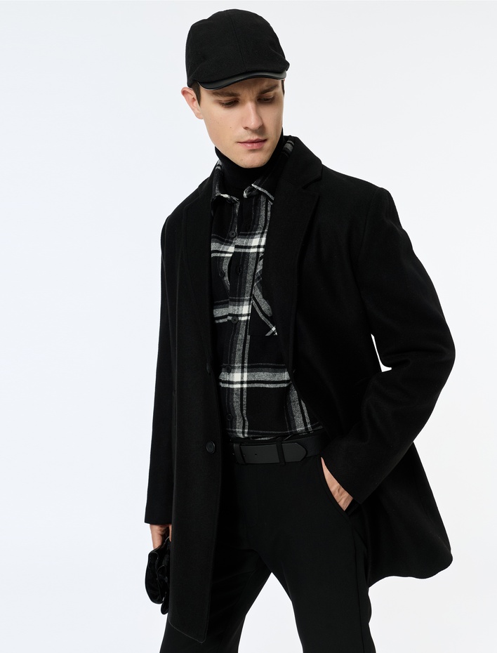  Uzun Kollu Cepli Kruvaze Yaka Kaşe Kaban