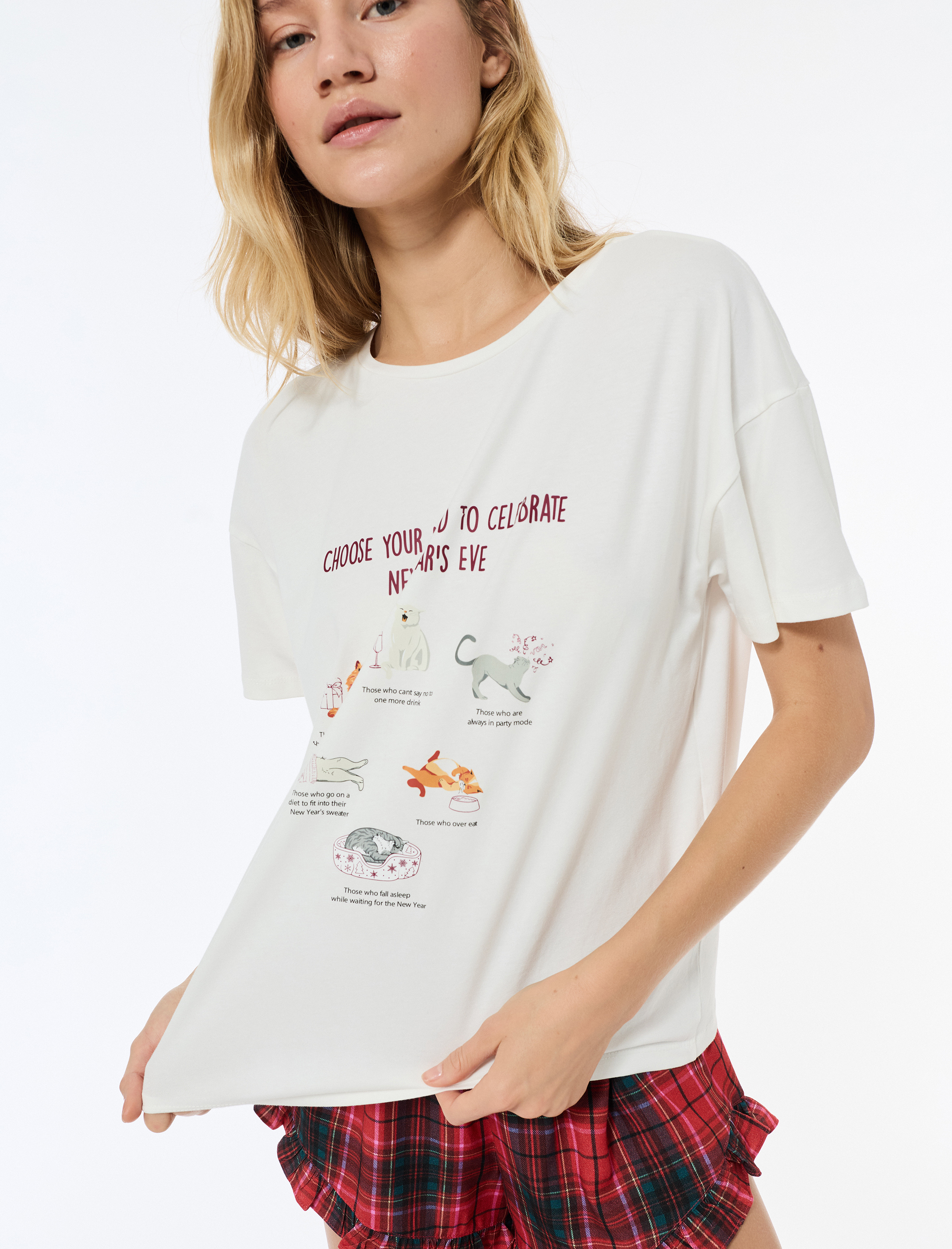   Kedi Baskılı Kısa Kollu Bisiklet Yaka Oversize Tişört Pijama Üstü