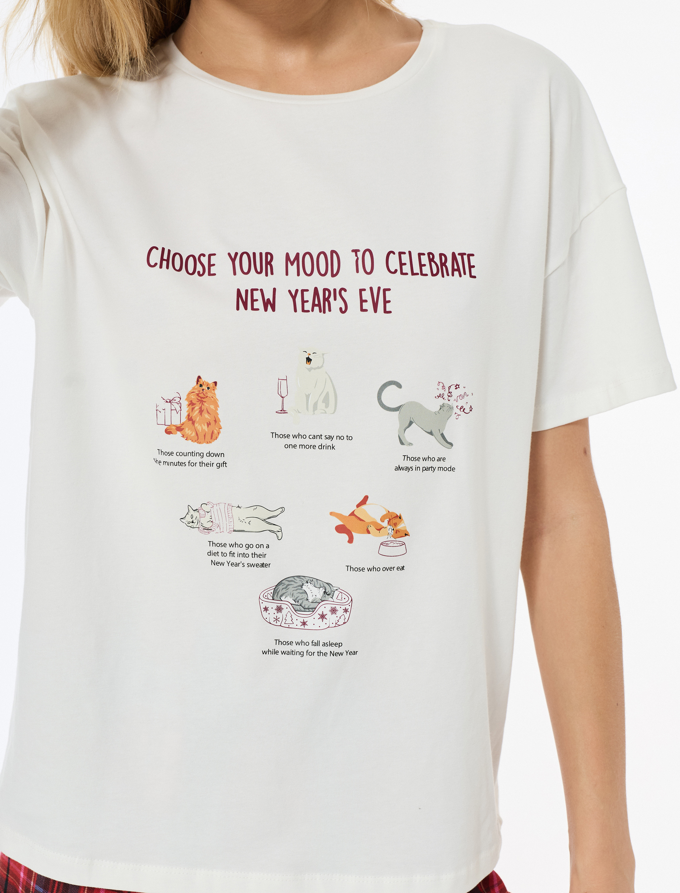   Kedi Baskılı Kısa Kollu Bisiklet Yaka Oversize Tişört Pijama Üstü