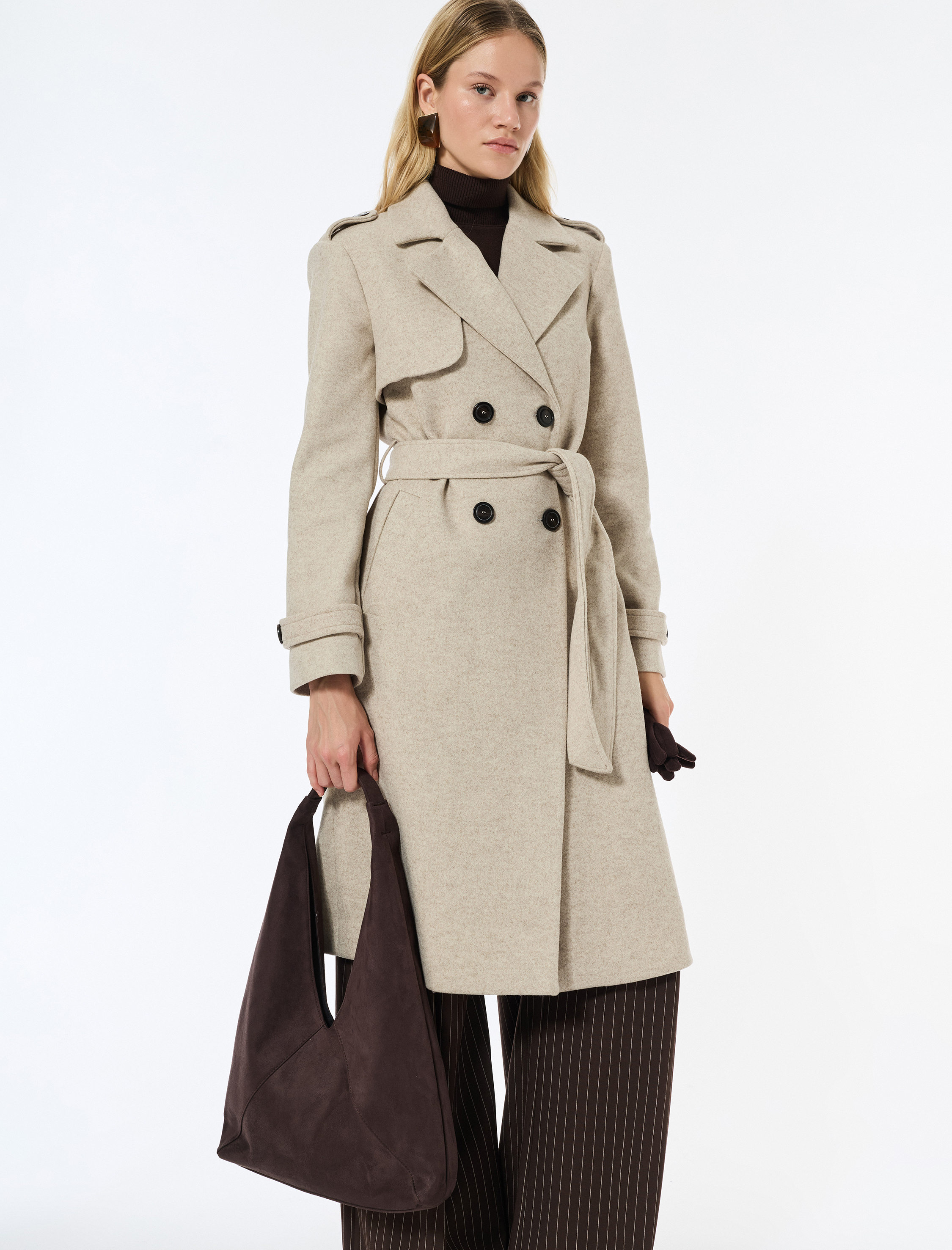   Trenç Kaban Kaşe Uzun Kollu Kruvaze Kemerli