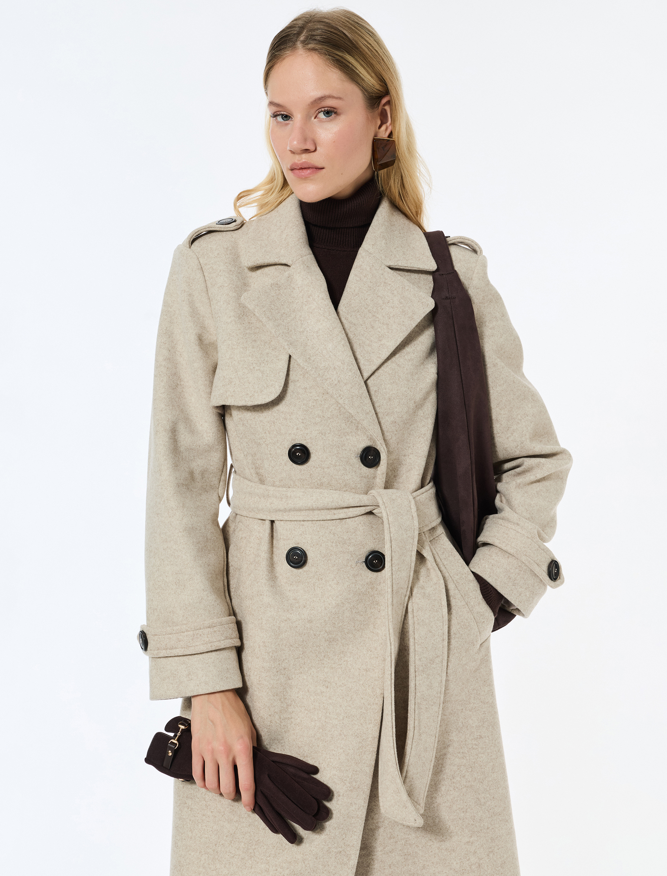   Trenç Kaban Kaşe Uzun Kollu Kruvaze Kemerli