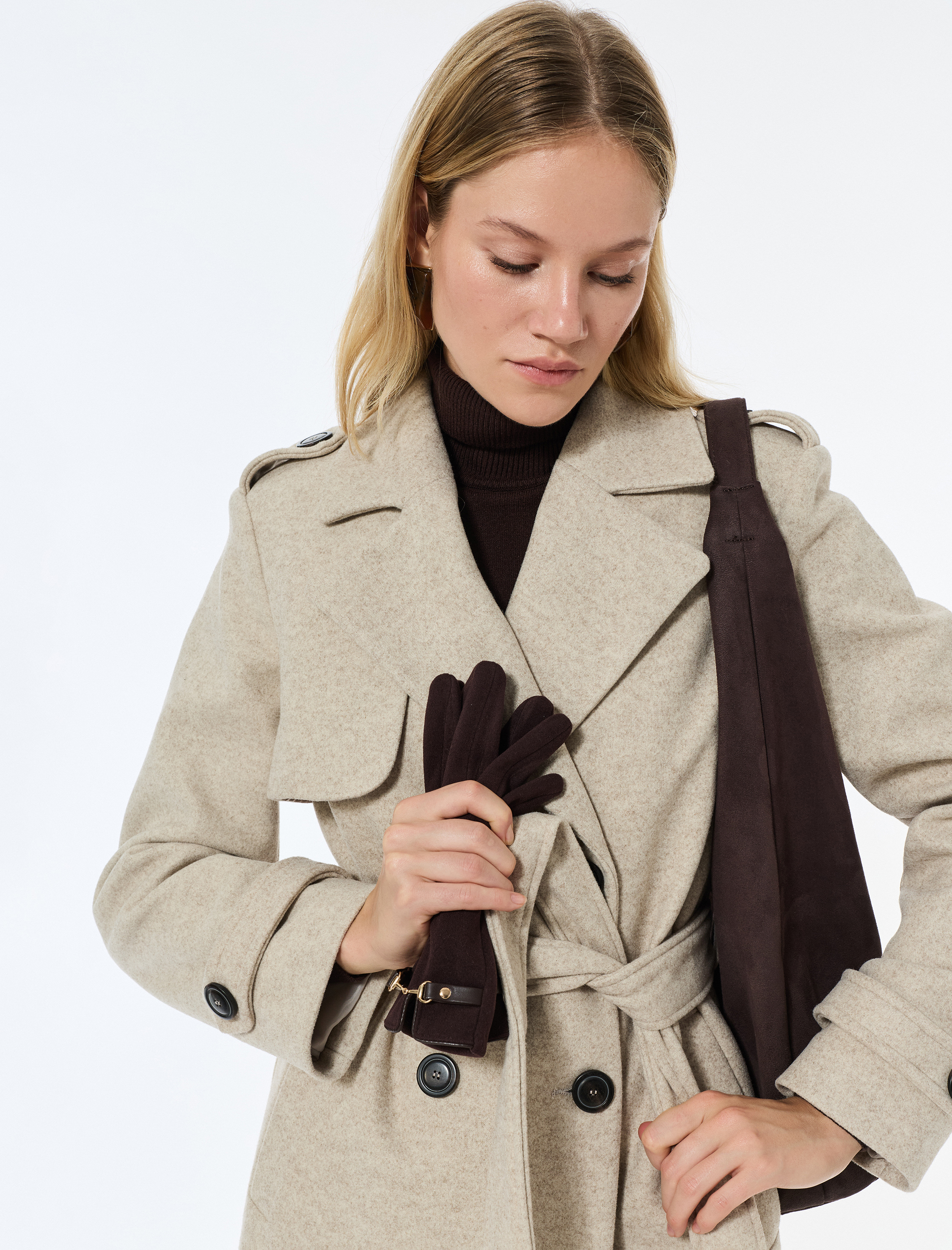   Trenç Kaban Kaşe Uzun Kollu Kruvaze Kemerli