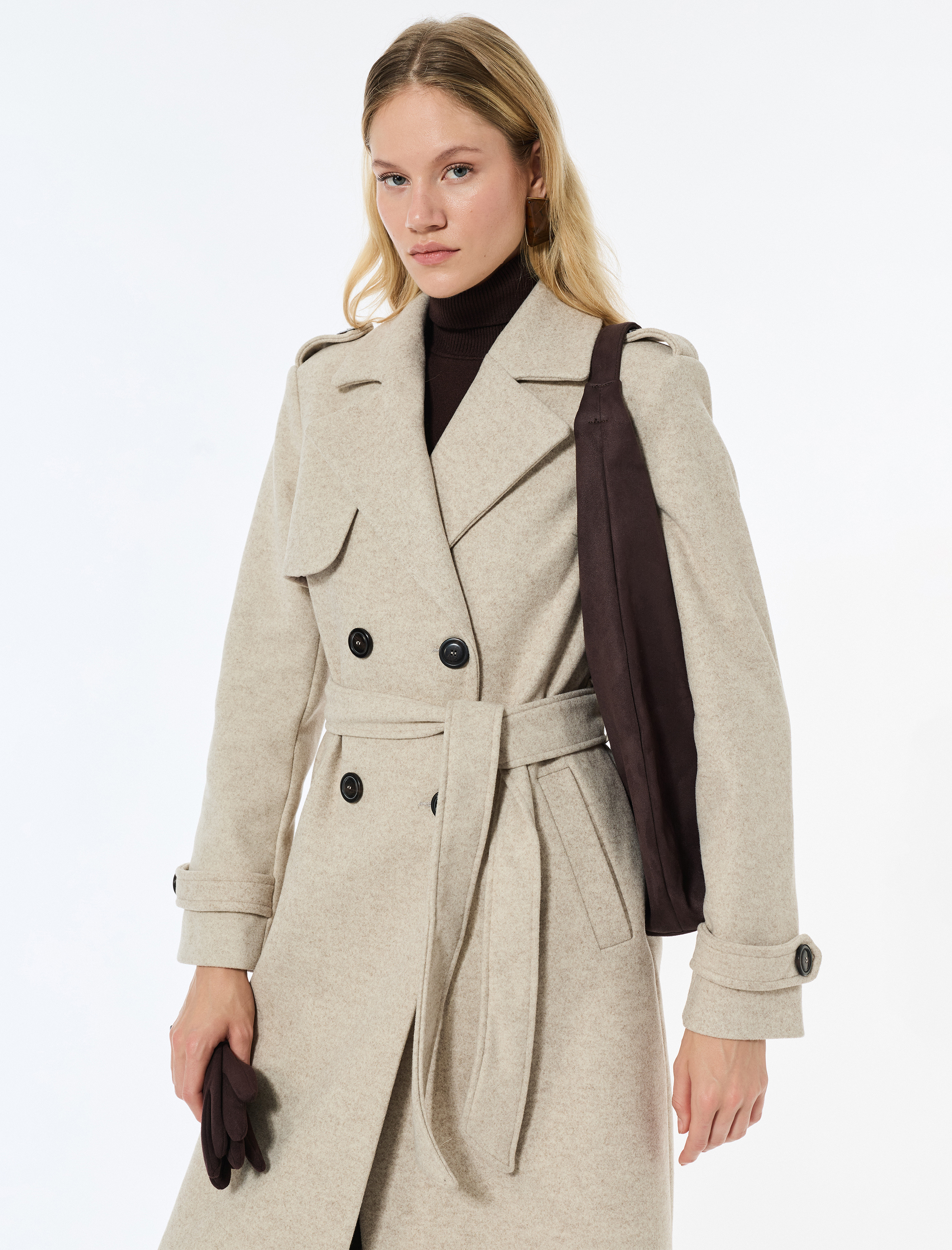   Trenç Kaban Kaşe Uzun Kollu Kruvaze Kemerli